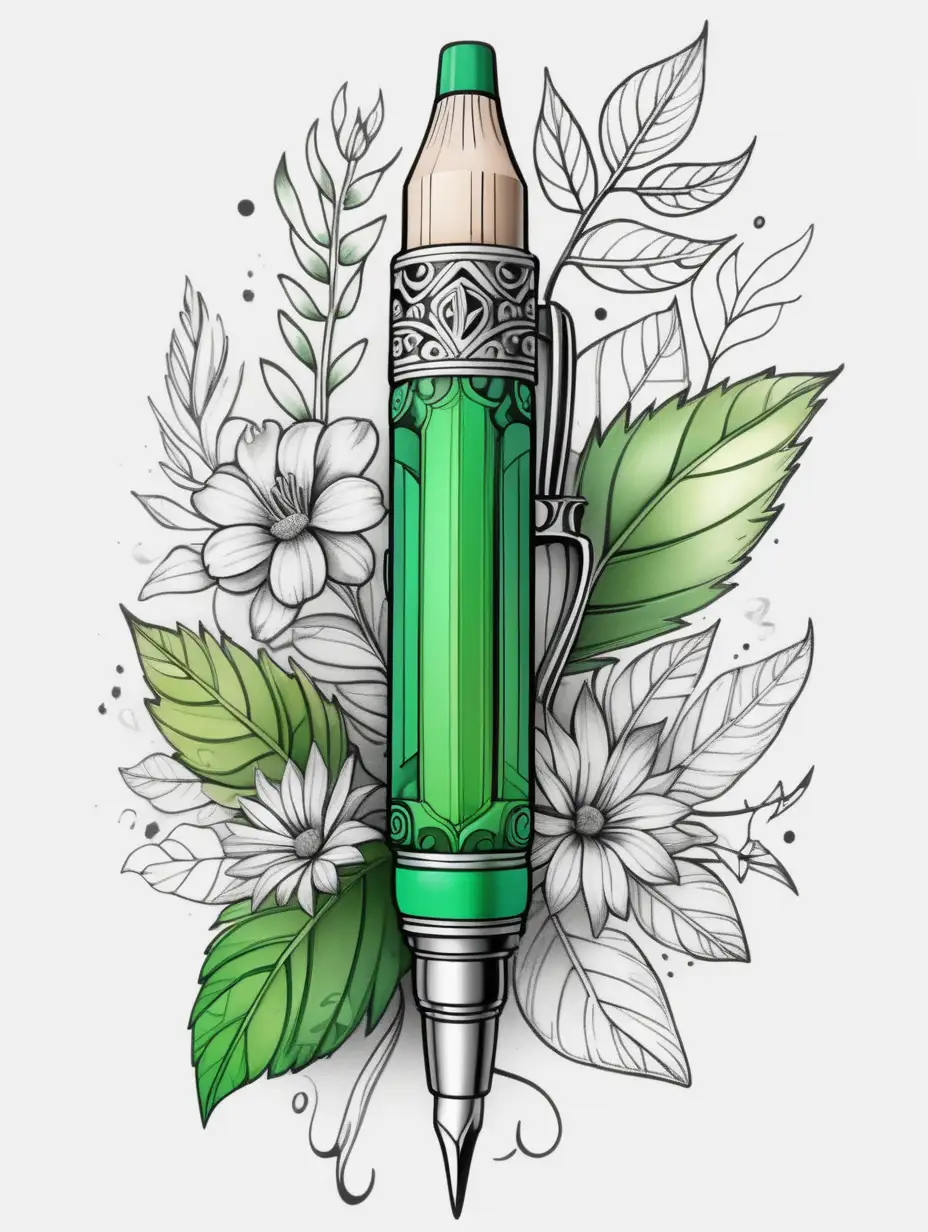 Generate an artistic tatto of a woodsy green pretty pen
