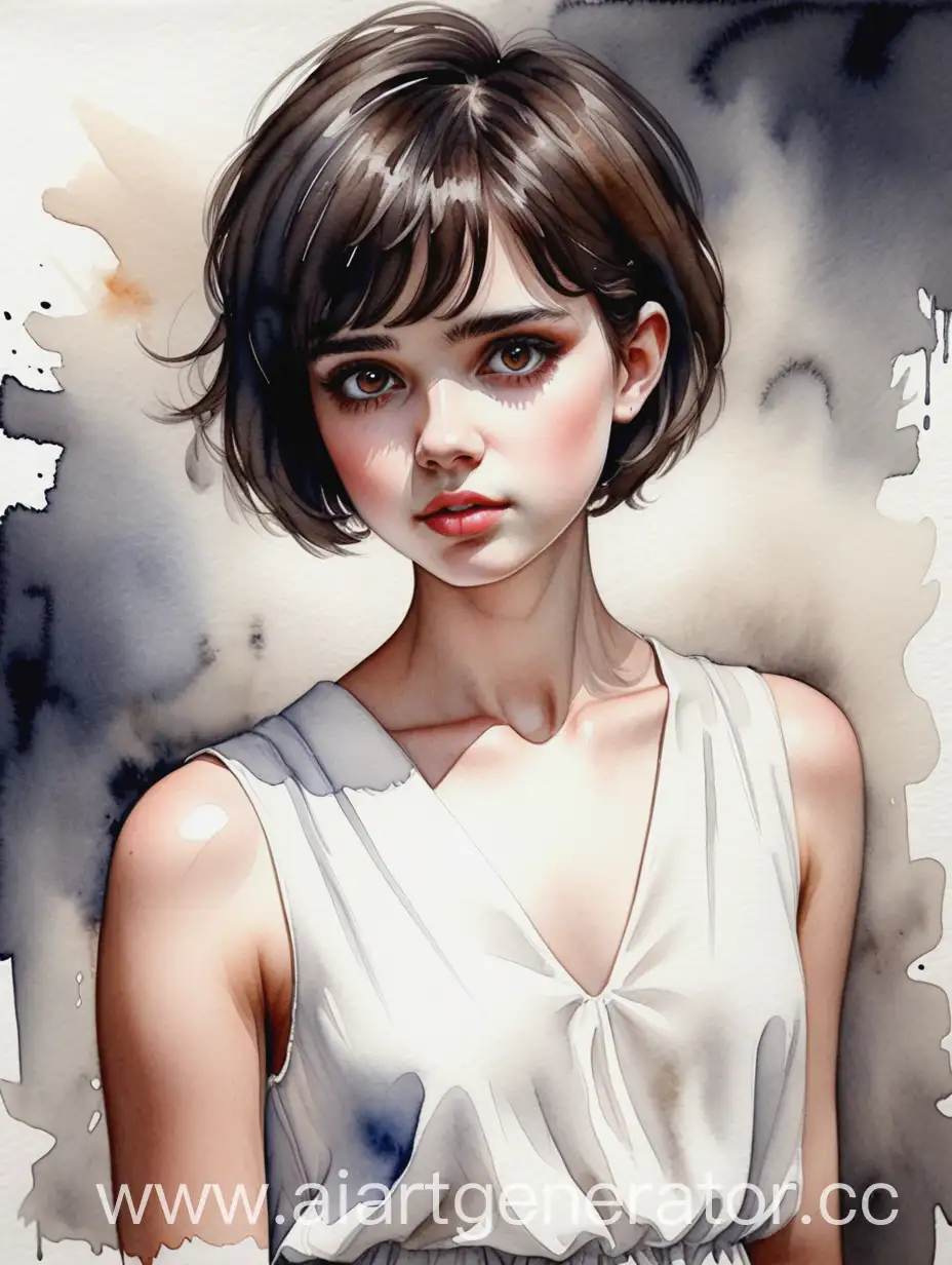 Enchanting-English-Watercolor-Portrait-of-a-Girl-with-Short-Hair-in-a-White-Dress