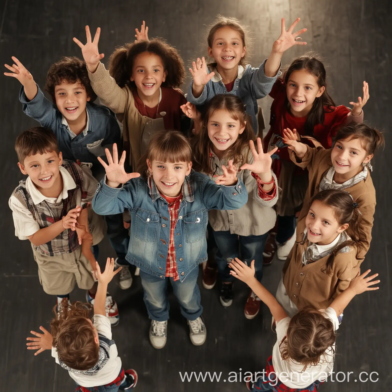 Joyful-Children-on-Stage-Giving-High-Five-to-Camera