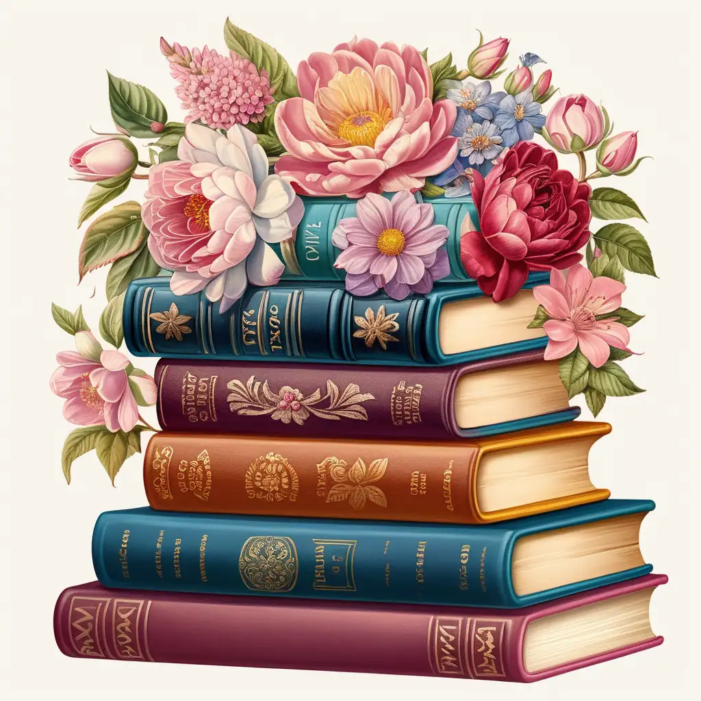 The illustration depicts four old, beautifully framed books stacked on top of each other. Their covers are decorated with rich decorations. At the top of the stack of books are fully blossomed
flowers in beautiful colors, adding all the elegance and charm