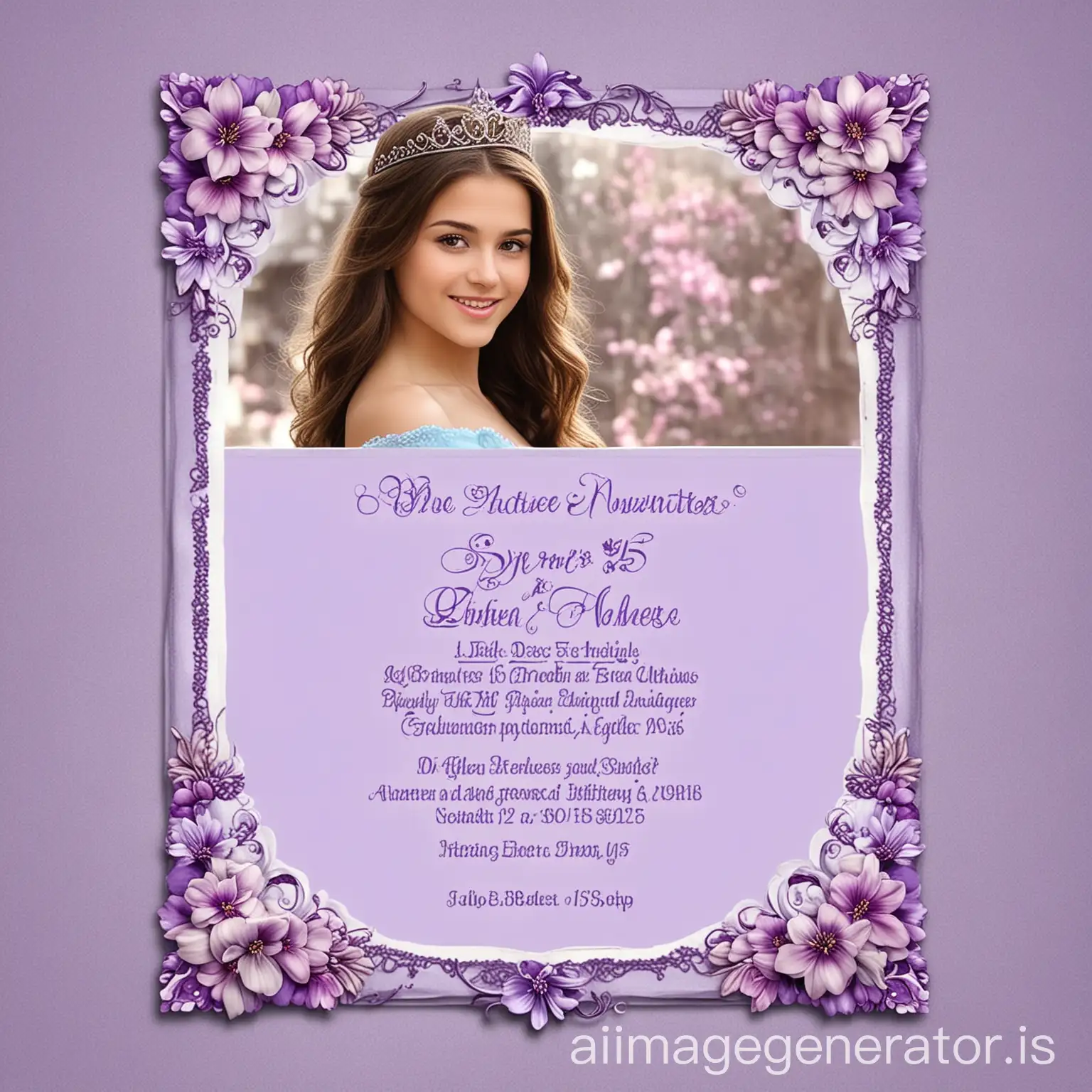 Generate a sweet 15 invitation. Add a realistic  brunette princess. Colors must be sky blue and purple. Add flowers in the borders and let a space to add text.