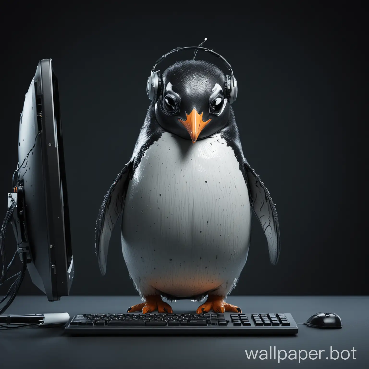 cyborg penguin behind a computer on a dark background
