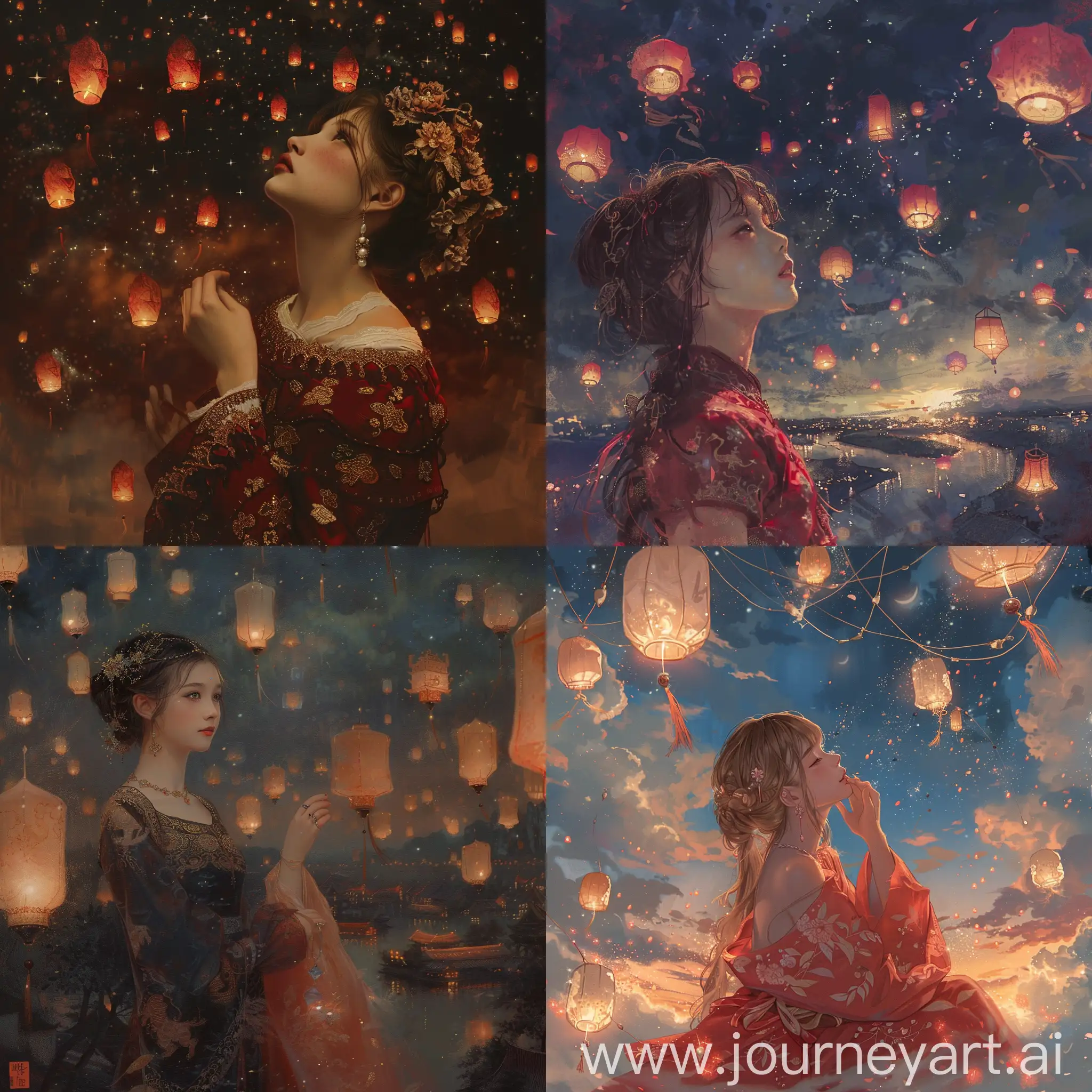 Young-Lady-Amidst-Crimson-Sky-Lanterns