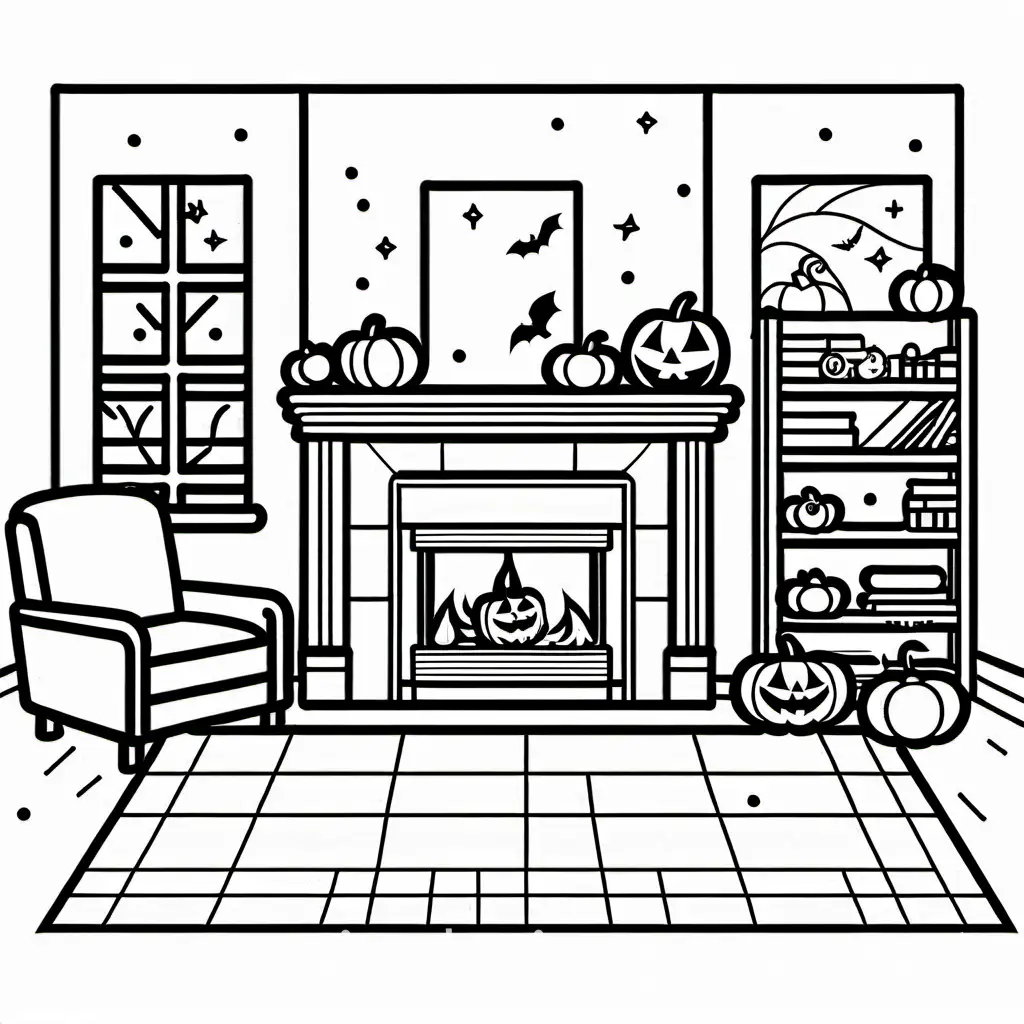A cozy autumn scene in the living room of a house that has Halloween decorations everywhere and string lights on the walls and a fireplace with a jack o lantern next to it and a cat sleeping on the couch, Coloring Page, black and white, line art, white background, Simplicity, Ample White Space. The background of the coloring page is plain white to make it easy for young children to color within the lines. The outlines of all the subjects are easy to distinguish, making it simple for kids to color without too much difficulty