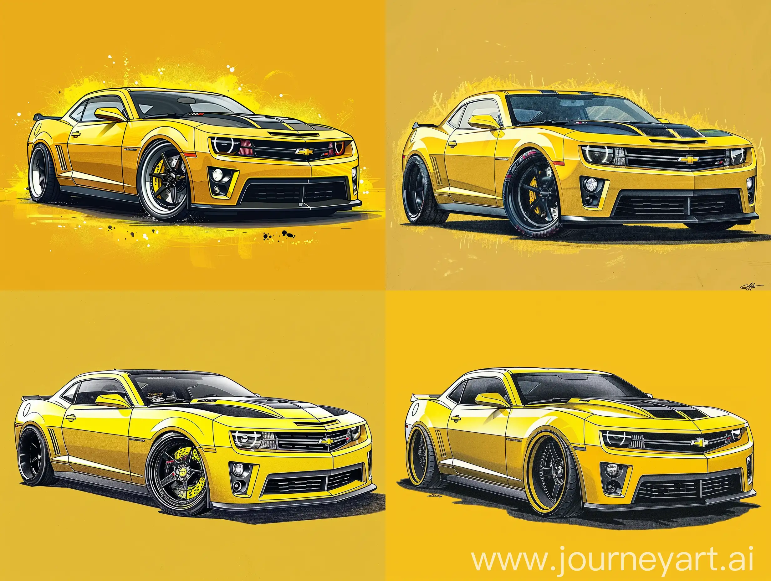 2011 Chevrolet Camaro ZL1 in yellow with black racing stripes, widebody kit, illustration drawing, with yellow background