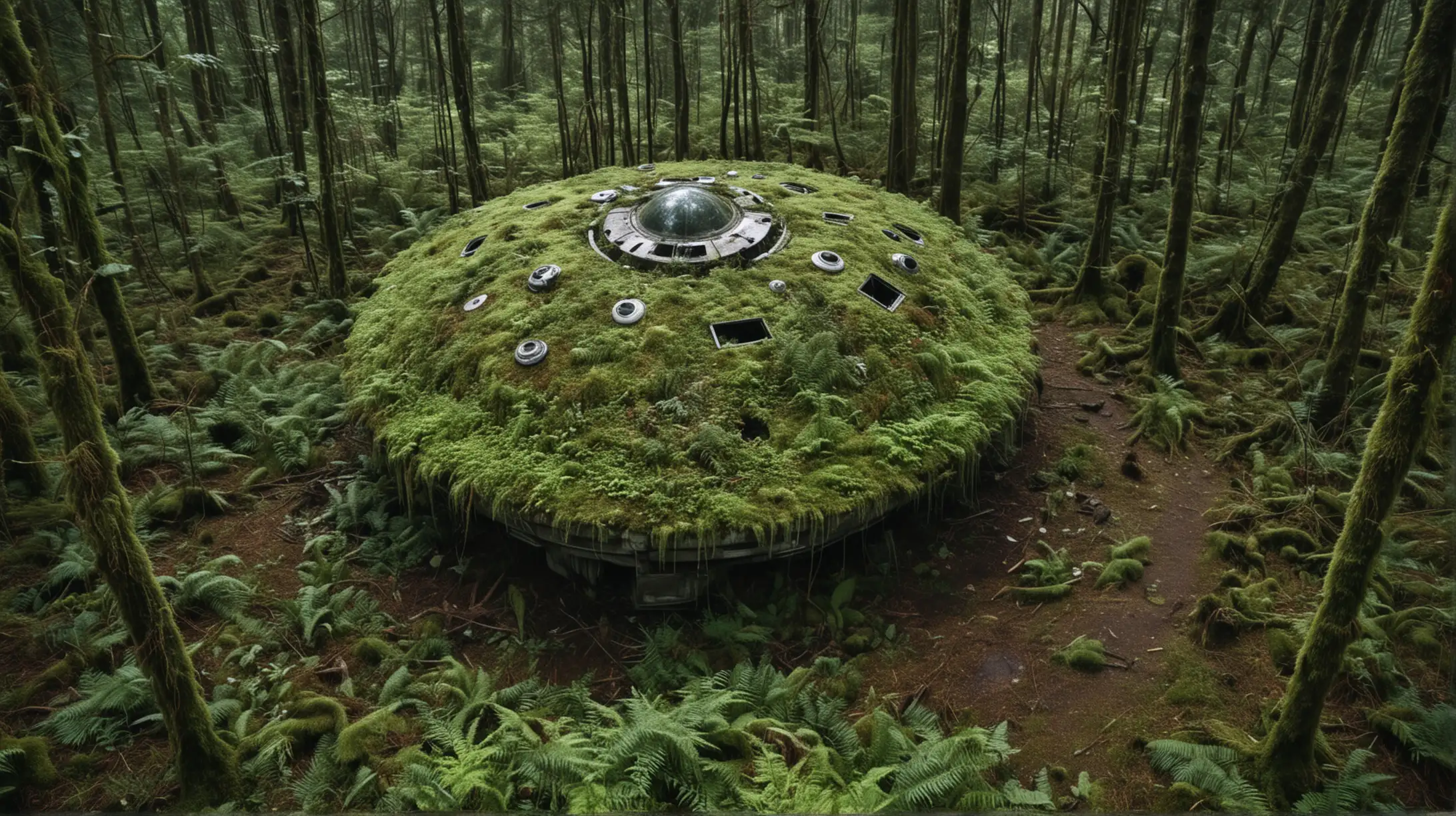Ancient MossCovered Alien Spaceship in Forest A Birds Eye View