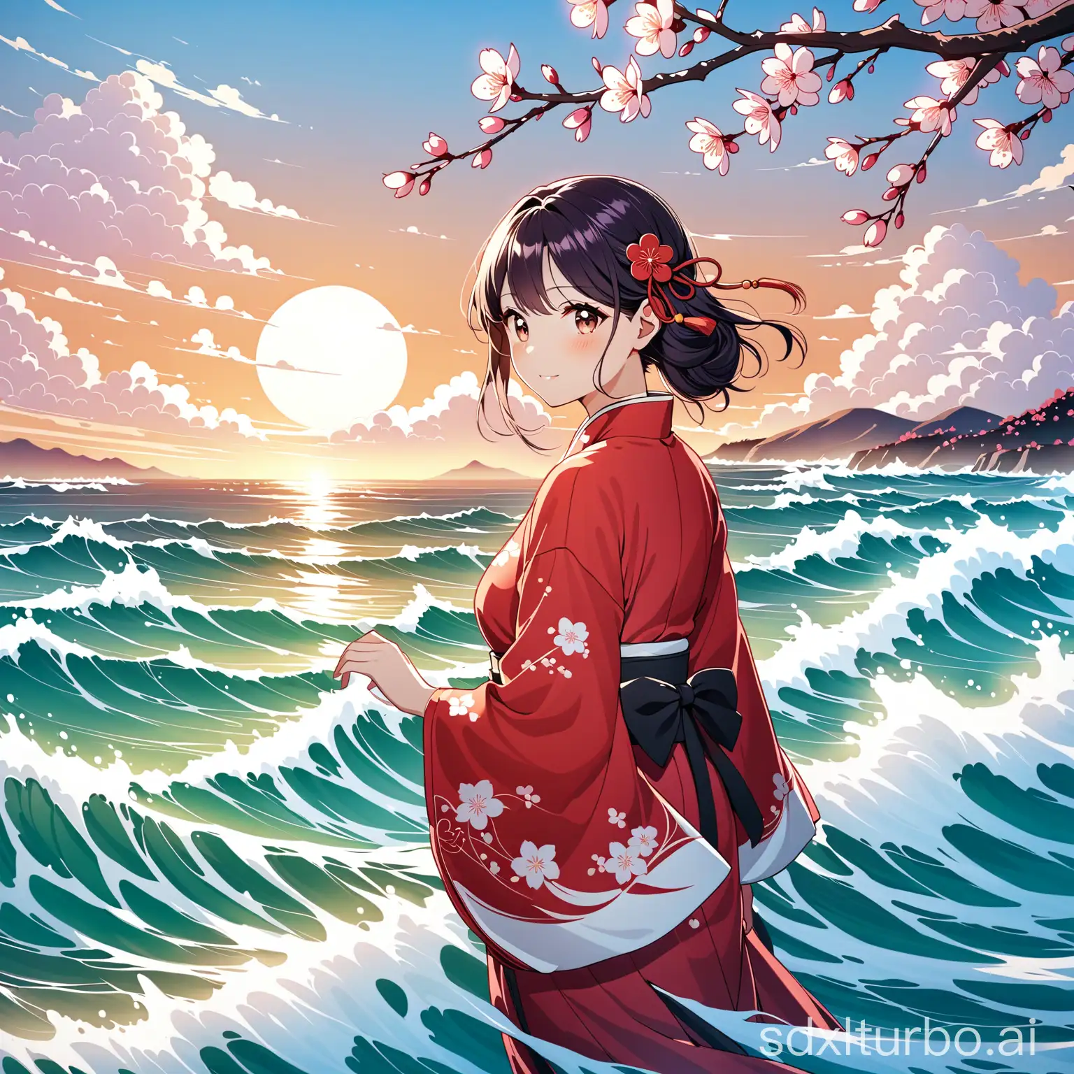 Tranquil-Girl-Amidst-Plum-Blossoms-White-Clouds-and-Gentle-Waves