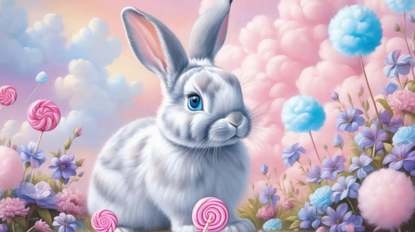 Whimsical Oil Painting of a Cute Rabbit in Pastel Floral Wonderland