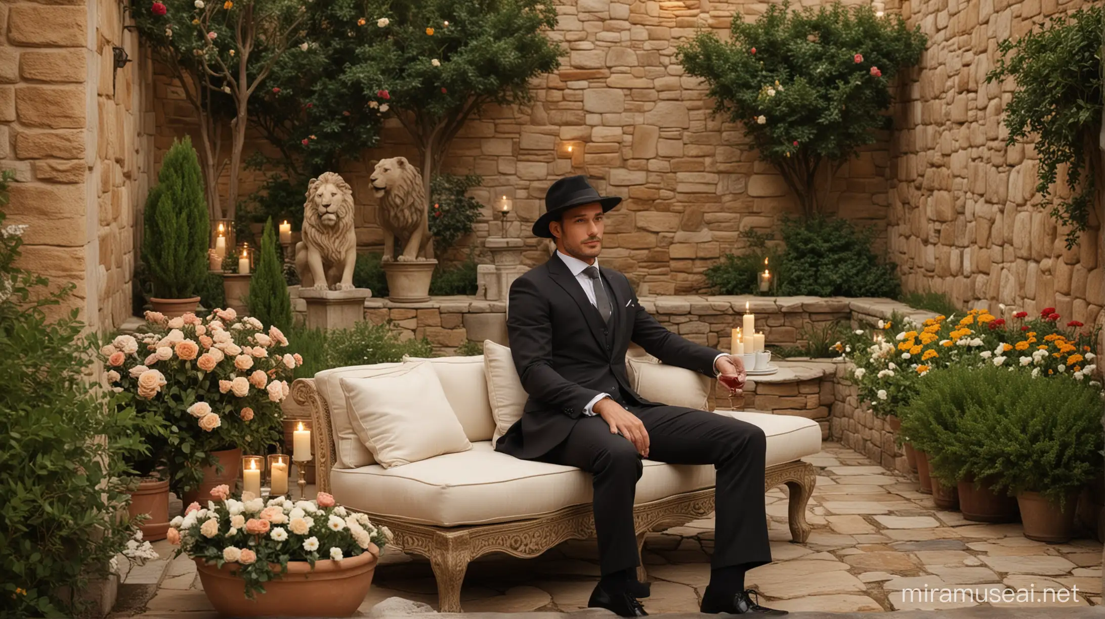 Man in suit, sitting in a luxurious seat of stone, in cushions, in what looks to be an italian setting, like, a backyard, where his yard is like a very big garden, with planted trees here and there, and, also, some cozy lights. He is dressed in a suit, and has a black hat on, where the brim of the hat covers half of his face as he also tilts his head slightly forward. Cozy setting, very romantic and inviting, he is drinking a glass of wine. The hat is longer, like, the brim of the hat is longer. Also, his suit is beige, like the background of the wall. It is darker outside, and, more candles, more, flowers, more bushes, and trees, some statues, of lions, next to his seating. 