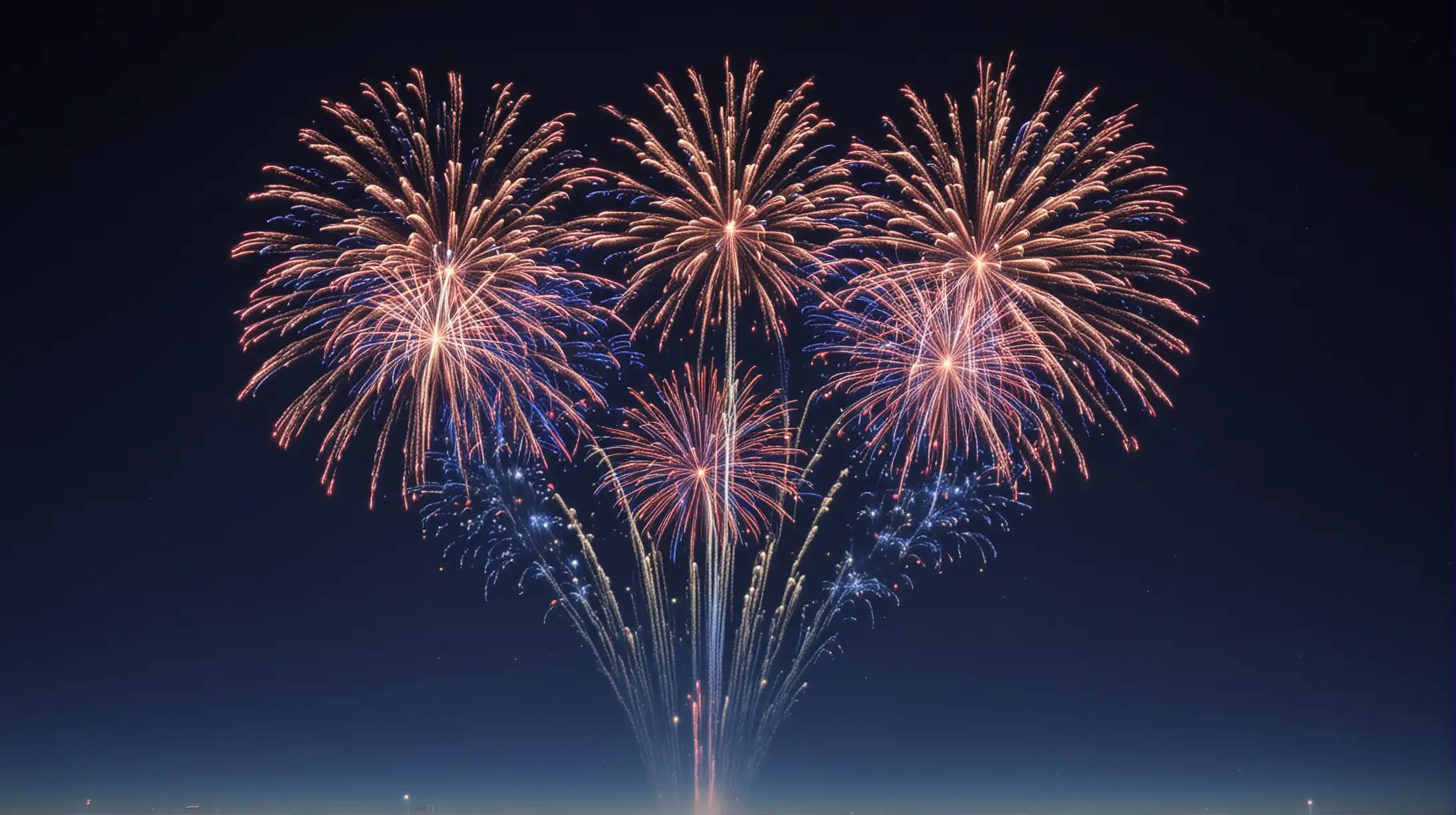 Vivid Small Glowing Fireworks Display Against Dark Blue Sky