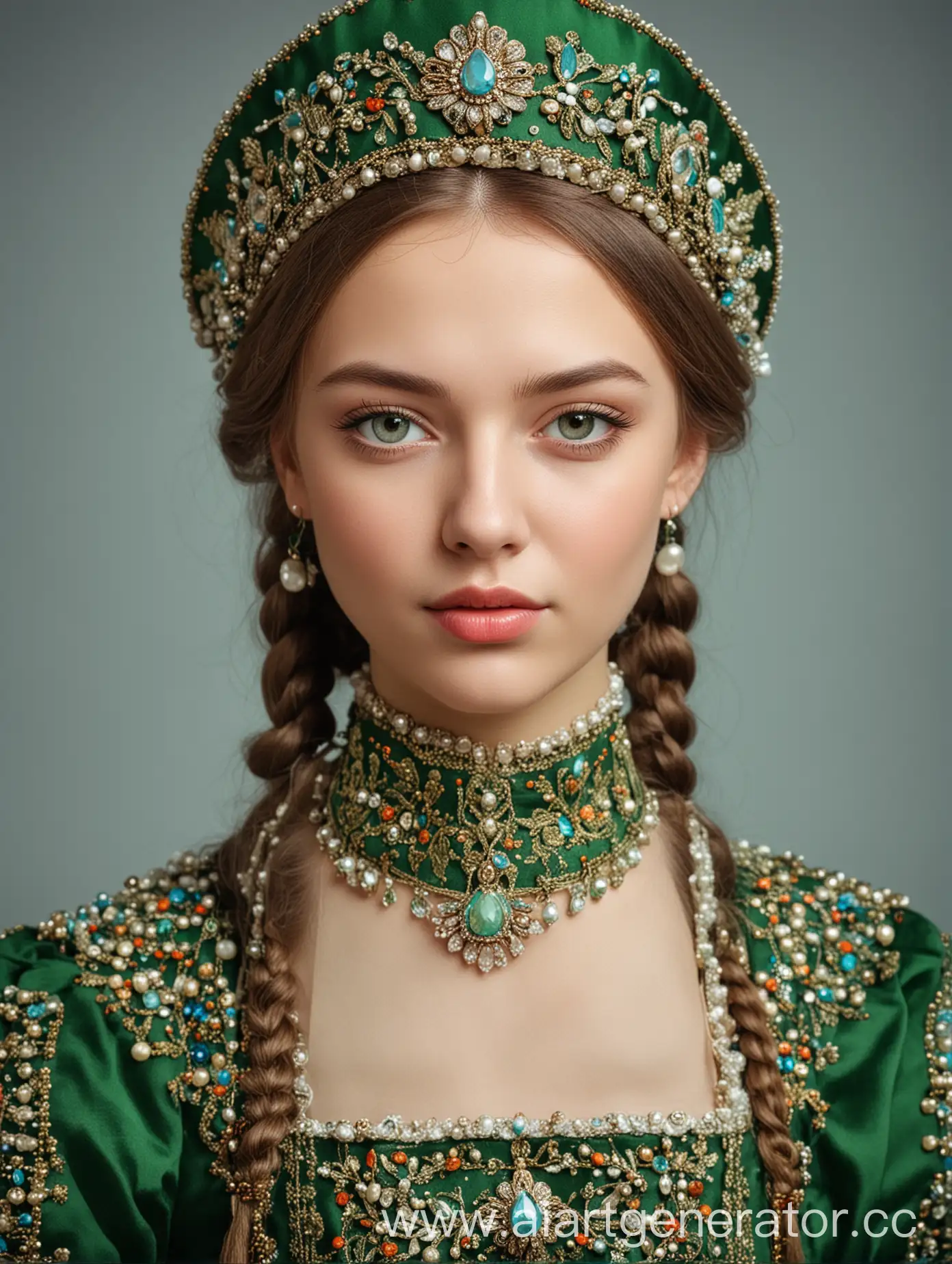 портрет взрослой девушки в русском национальном костюме  и кокошнике, зеленый цвет