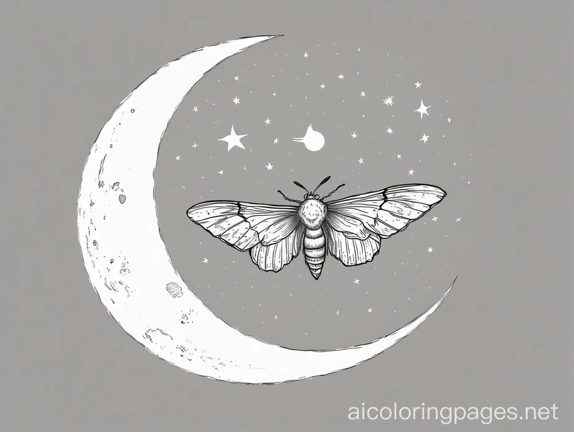  moth flying to a crescent moon, Coloring Page, black and white, line art, white background, Simplicity, Ample White Space. The background of the coloring page is plain white to make it easy for young children to color within the lines. The outlines of all the subjects are easy to distinguish, making it simple for kids to color without too much difficulty