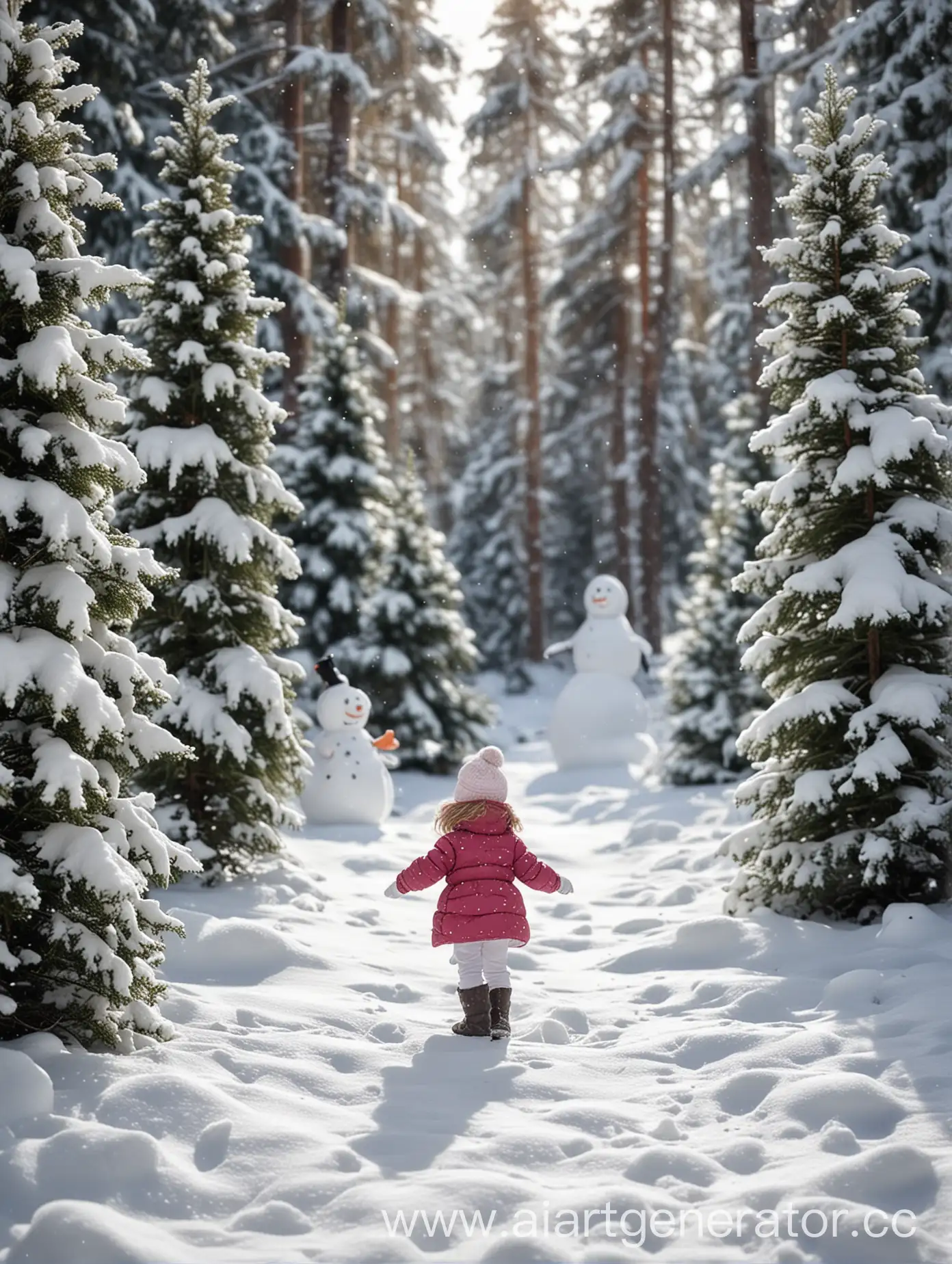 Маленькая девочка на снежной поляне, под ногами снег и сугробы, стоит снеговик, по краям заснеженные елки, на фоне зимний лес, фон сильно размыт, очень реалистично