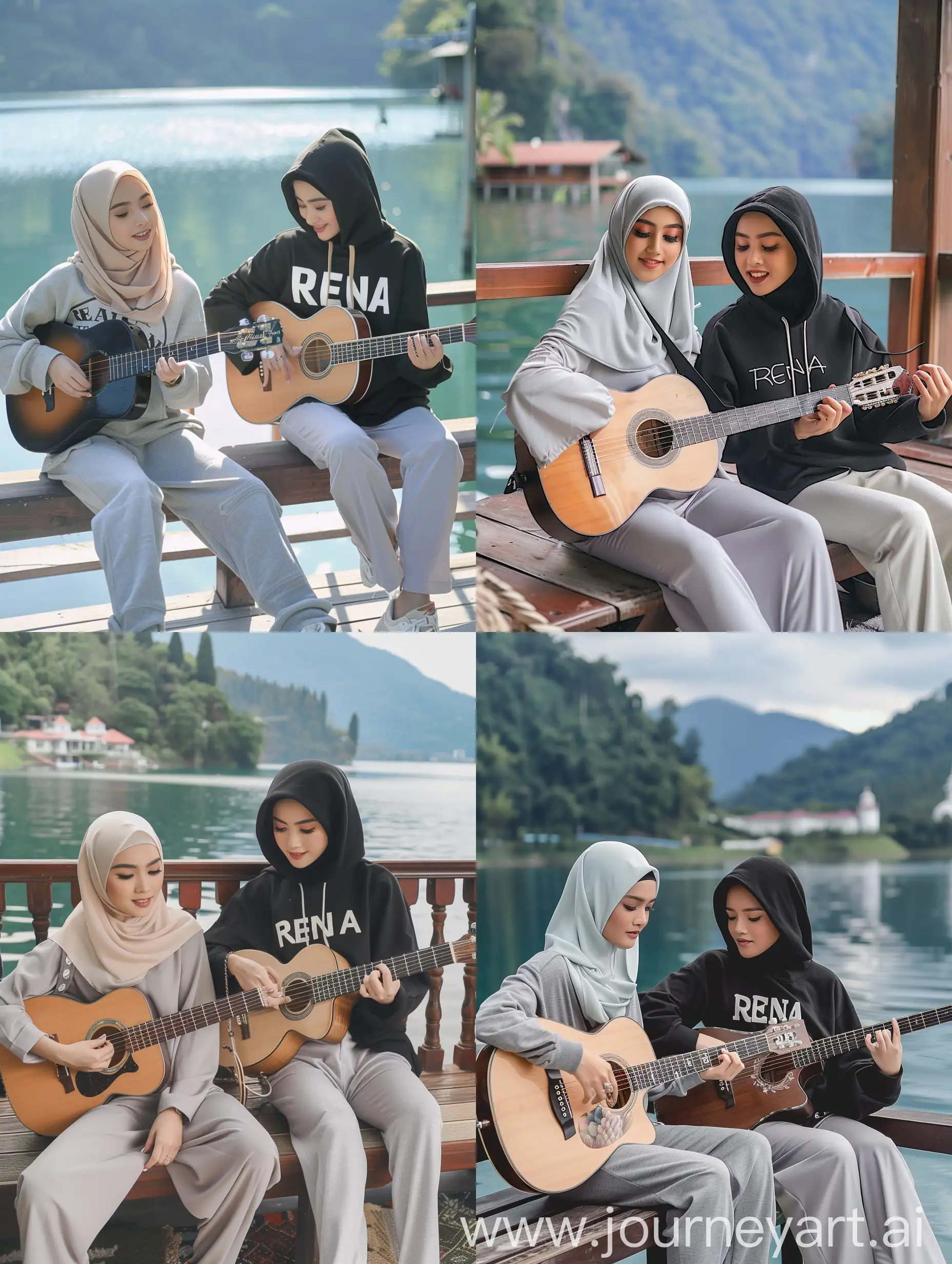 Foto asli dan autentik dua wanita hijab cantik thailand berusia 20 tahun, celana panjang abu abu muda, dan seorang wanita hijab cantik thailand mengenakan hoodie hitam bertuliskan (RENA), celana panjang abu-abu muda, duduk di teras rumah di tepi danau indah sambil bermain gitar, kualitas foto HD 16k, jernih dan resolusi cerah