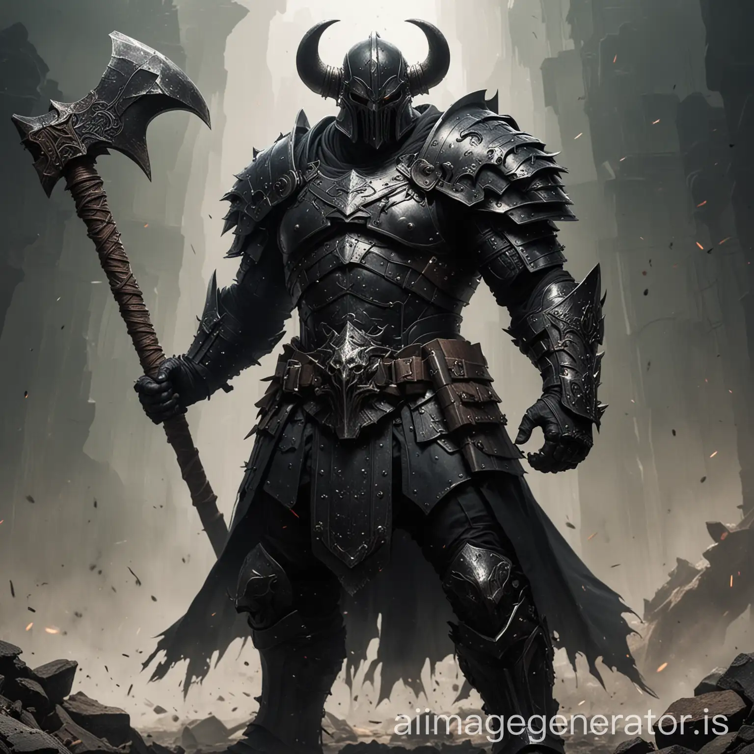 Un bărbat masiv, purtând o armură neagră intimidantă și un topor dublu.