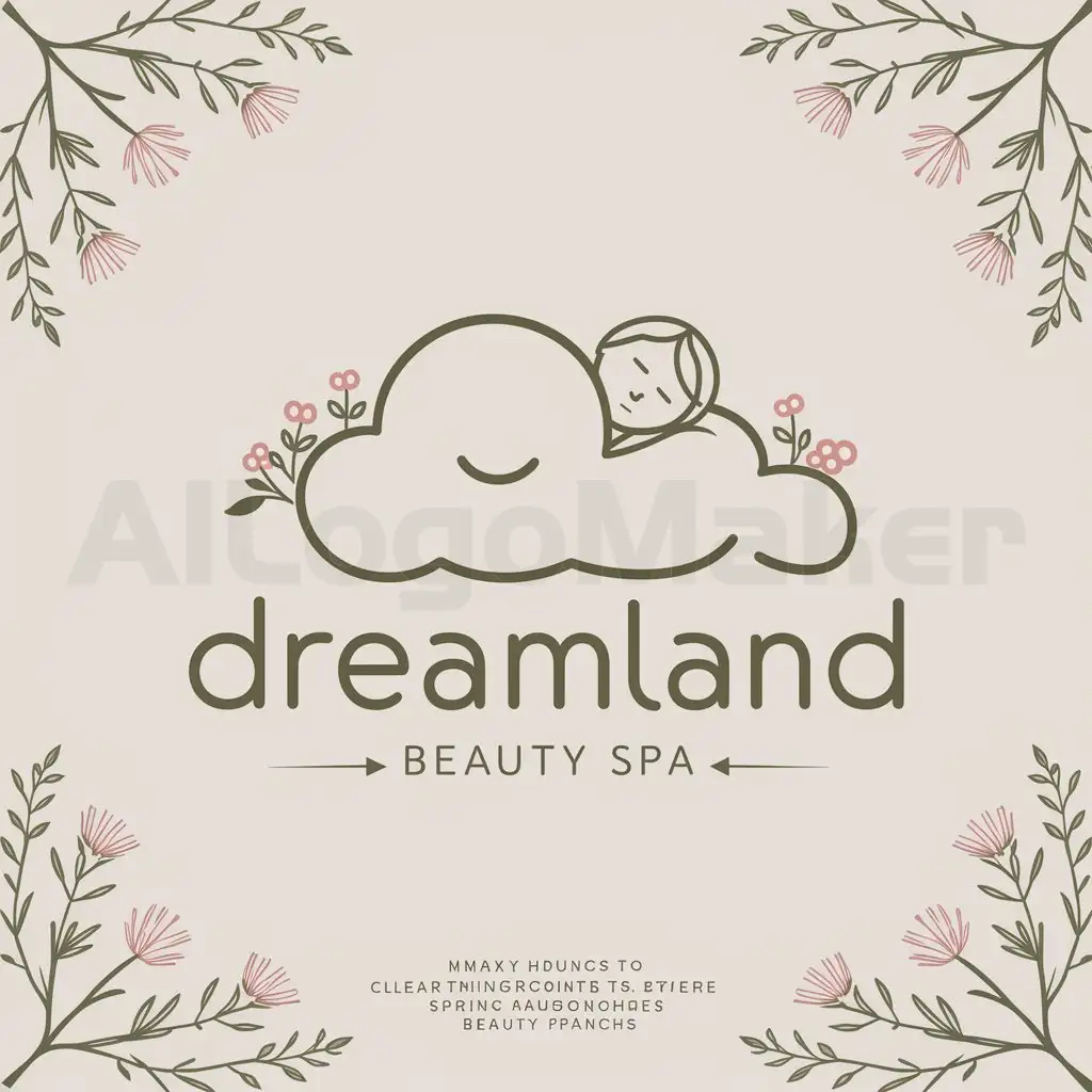 a logo design,with the text "dreamland", main symbol:a logo design,with the text 'dreamland', main symbol:The logo has a shape of a cloud with a single line drawing, the cloud will symbolize a pillow, inside the cloud is the shape of head face of a person lying on a pillow, the person is illustrated with a thin line drawing, the main colors are green and pink, Spring vibe, around the border of clouds surrounding the branches and leaves and flowers,Minimalistic,be used in Beauty Spa industry,clear background