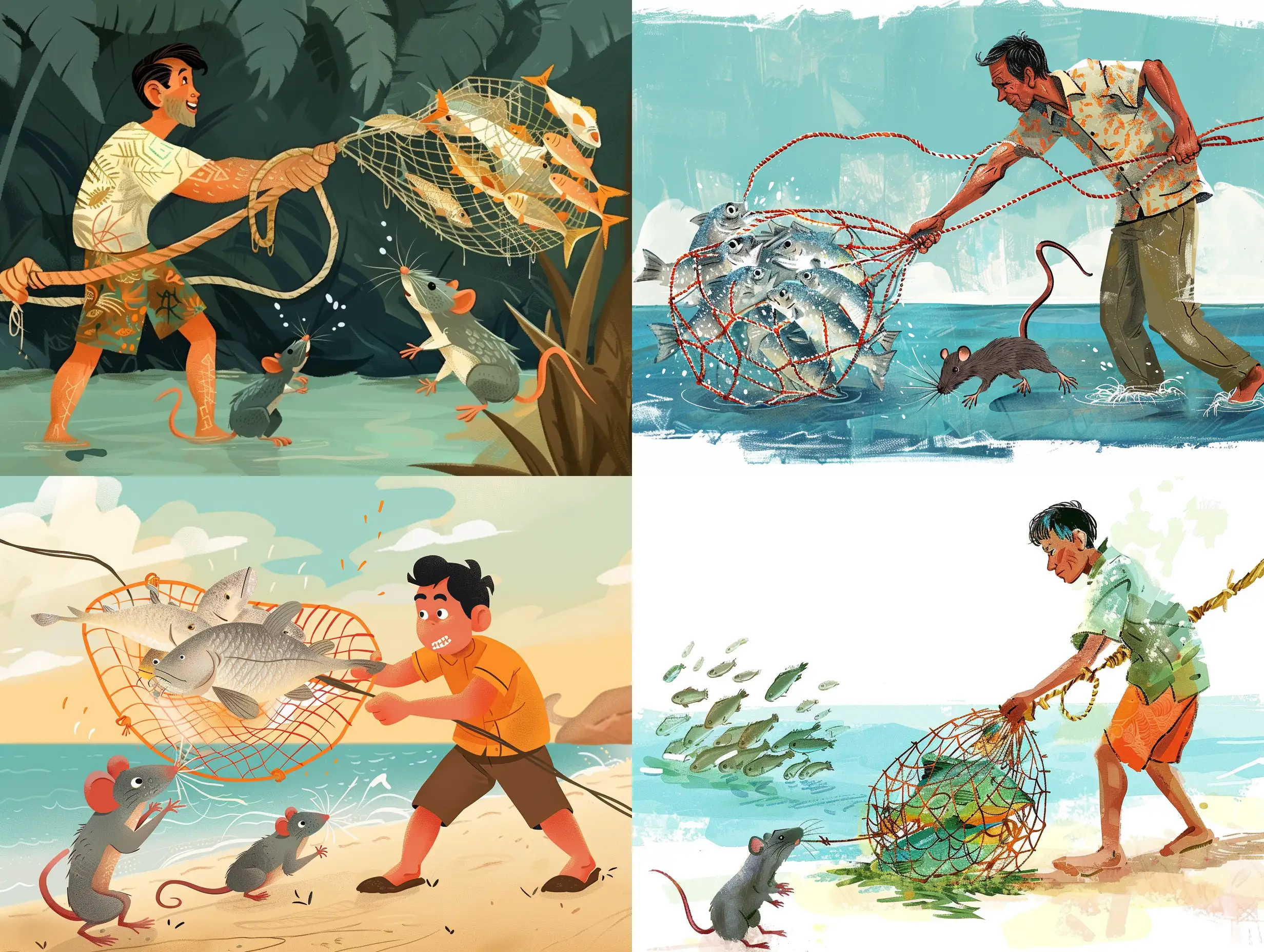 Illustration like a Disney fairytale about the handsome Indonesian man  who pulls a fishnet full of fish and the grey rat chews the fishnet and the fish returns to the sea, Indonesian atmosphere 