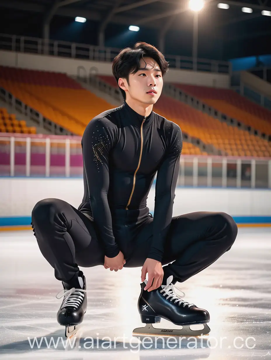 portrait of a black-haired young Korean man in a black figure skating jumpsuit, sitting on the ice arena, tears streaming down his face, lighting at the golden hour, empty stands in the background, cinematically, dramatically, from the side, glare from the lens.