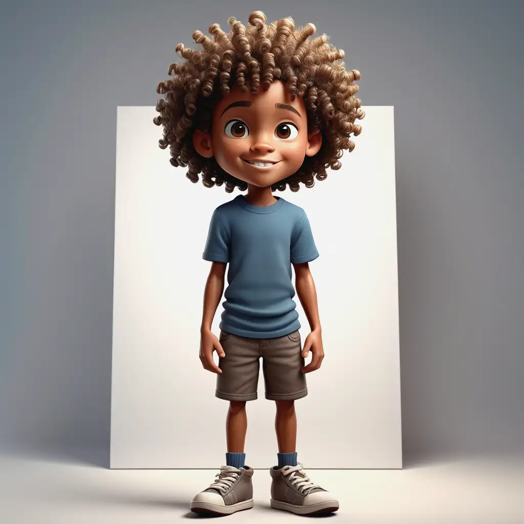 Create an animated image of a light skinned african american boy around 10 years old with curly hair thin framed around 4 feet tall full body image
