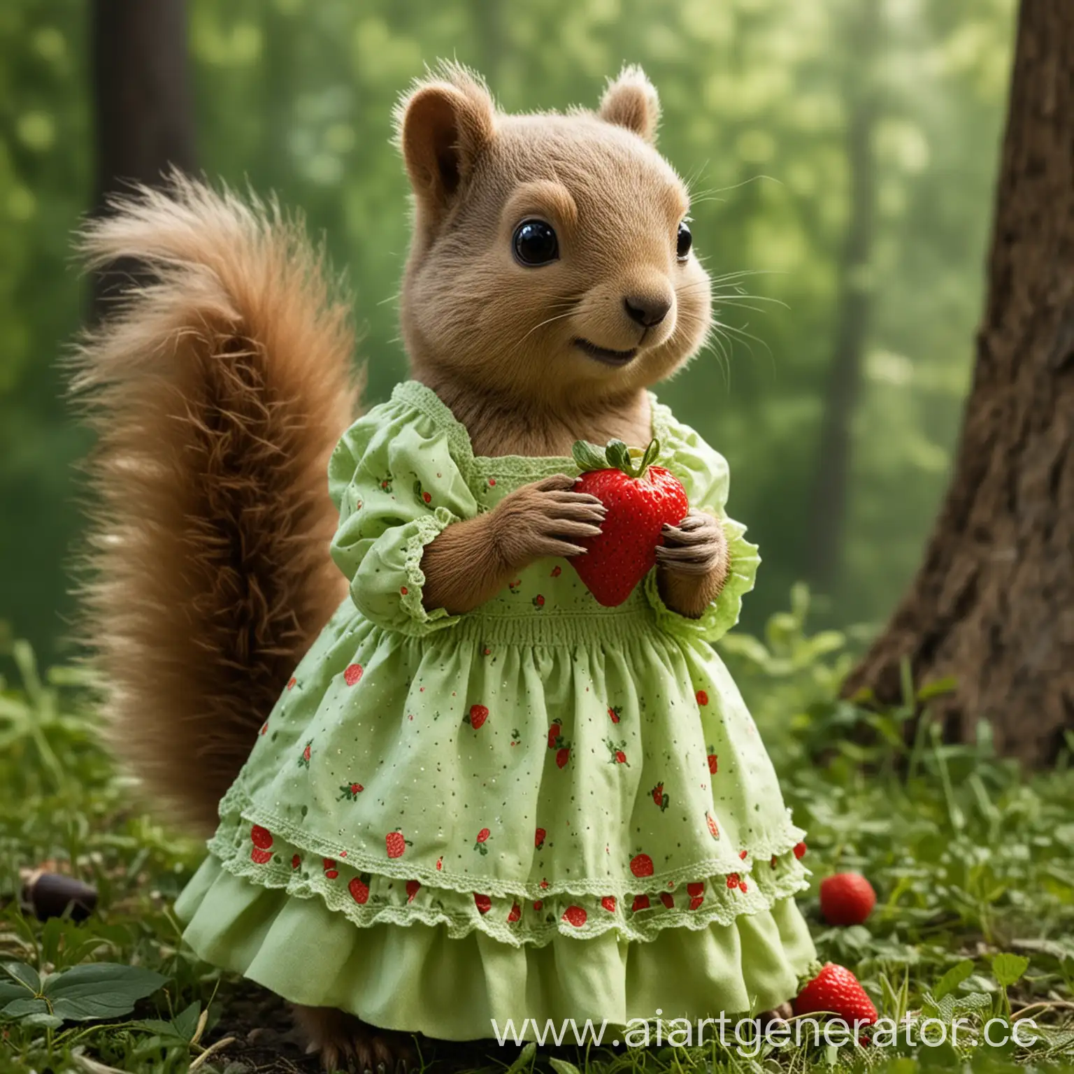 Bear-Sharing-Strawberries-and-Avocado-with-Squirrel-in-Light-Green-Dress