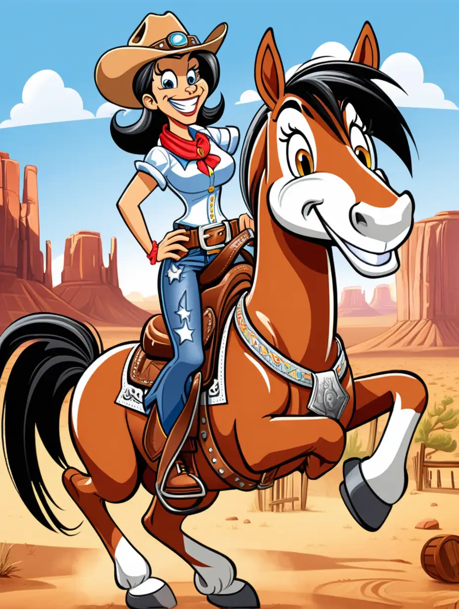 Cartoon, silly goofy smiling Wild West Cowgirl, on a smiling horse. in the style of Looney Tunes cartoons.