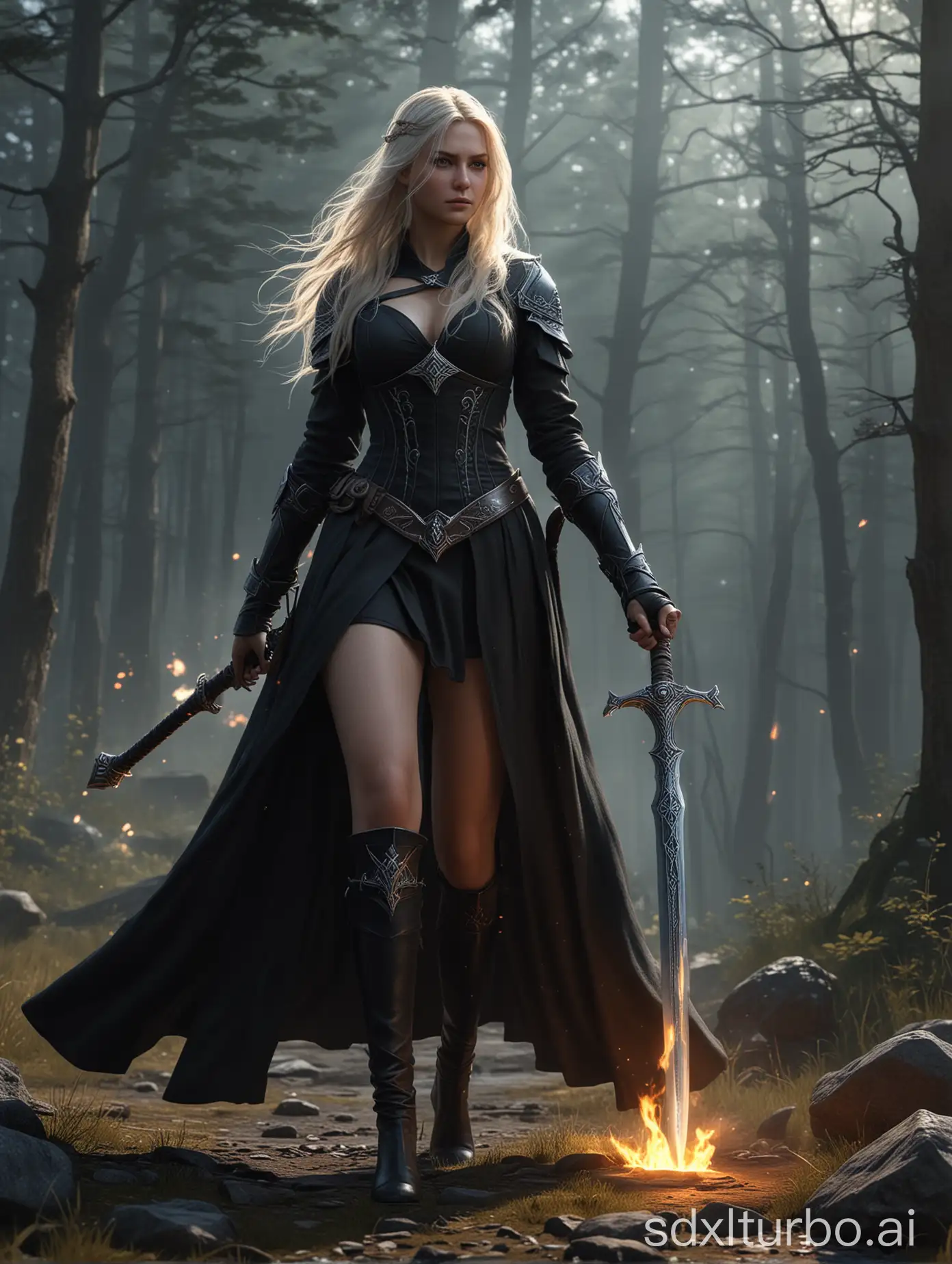 Realistic, masterpiece, best quality, ultra-detailed, fantasy, wizard, female, glowing sword, battle, magic circle, slender body, black clothes, long sleeves, light hair, Nordic style, highly detailed scenery, atmospheric, mighty power, Uplifting