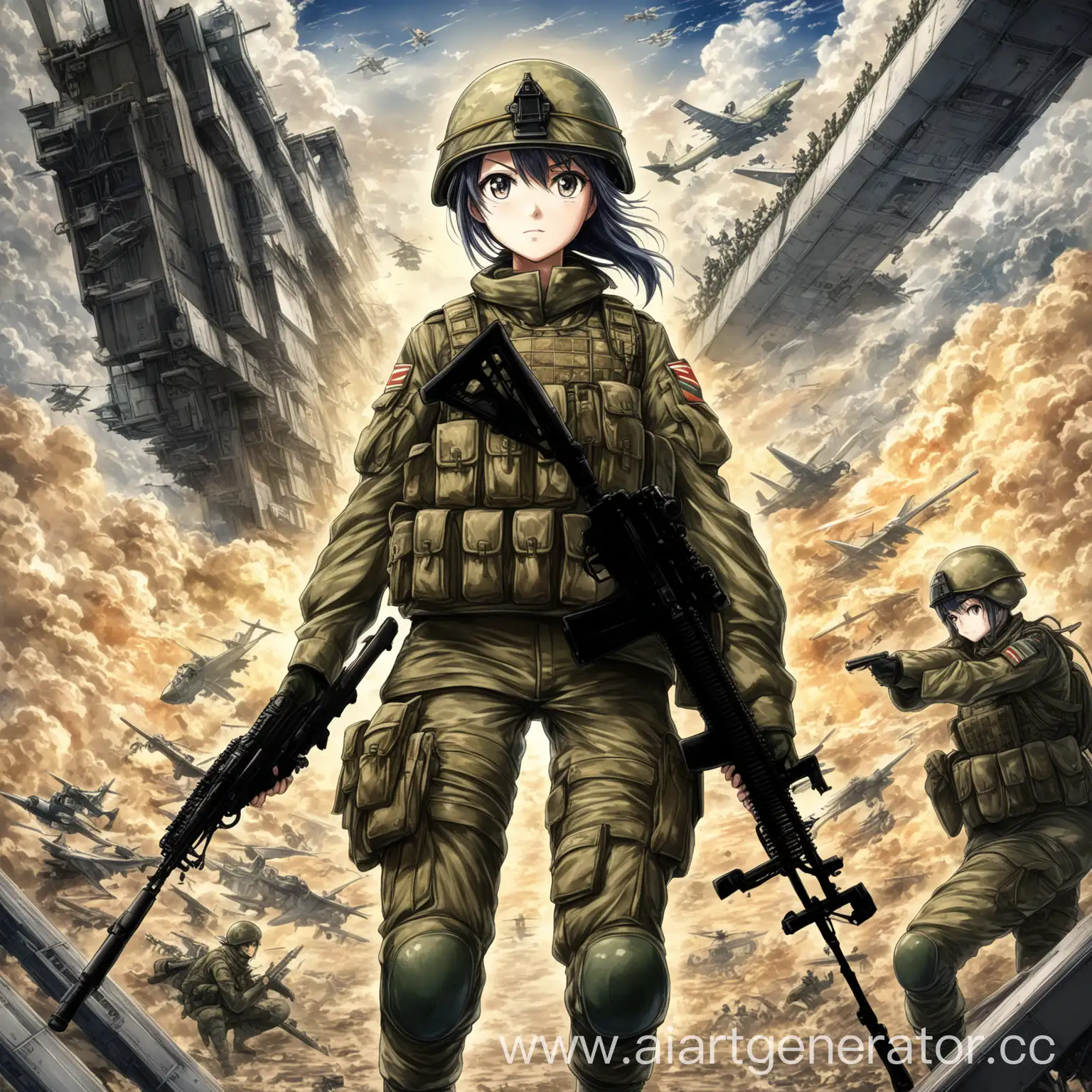 аниме арт с девушкой солдатом на центральном плане