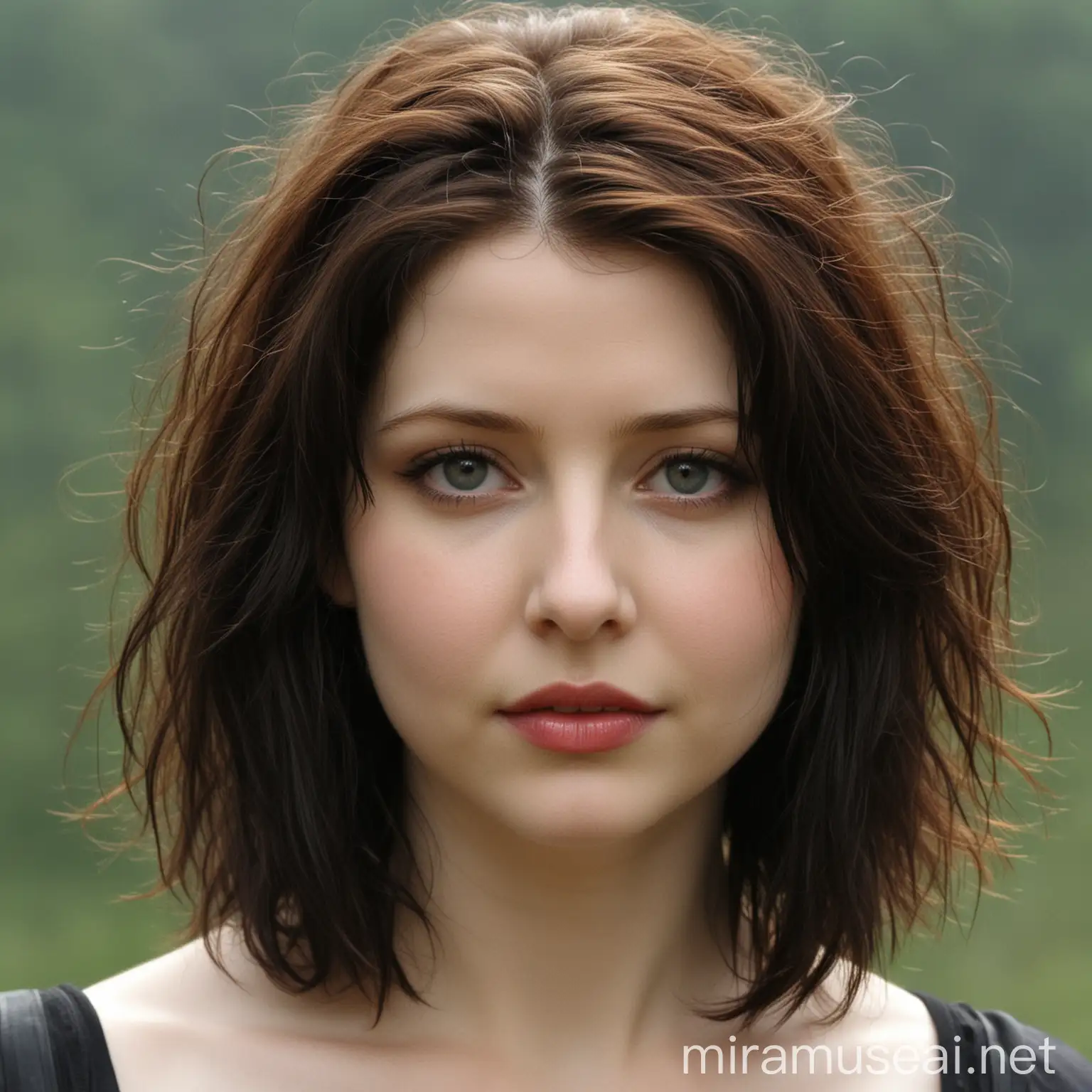 Rachel Hurd Wood with Rocker Look Portrait of a Woman with Light Eyes and Short Black Hair