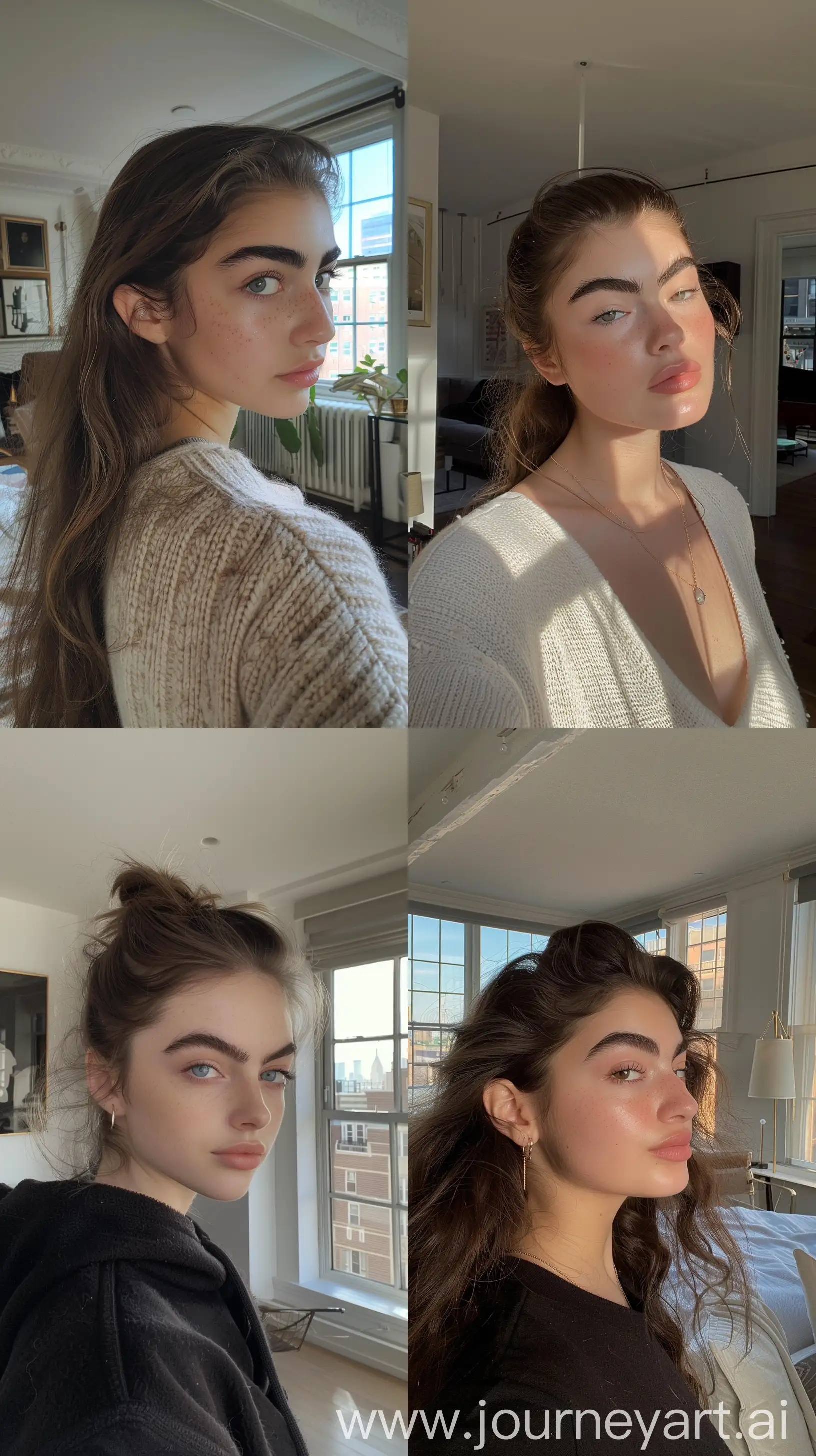 Aesthetic Instagram selfie of Haley Kalil's little sister, 15 years old, pretty, super model face, in fancy New York apartment, bushy thick eyebrows, wide set, profile throw face away in room --ar 9:16