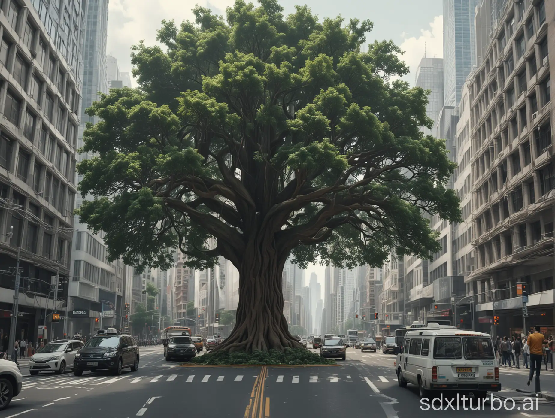 A massive tree growing in the middle of a bustling city street, with its branches intertwining with skyscrapers and vehicles navigating around its trunk, 4K, realistic, masterpiece