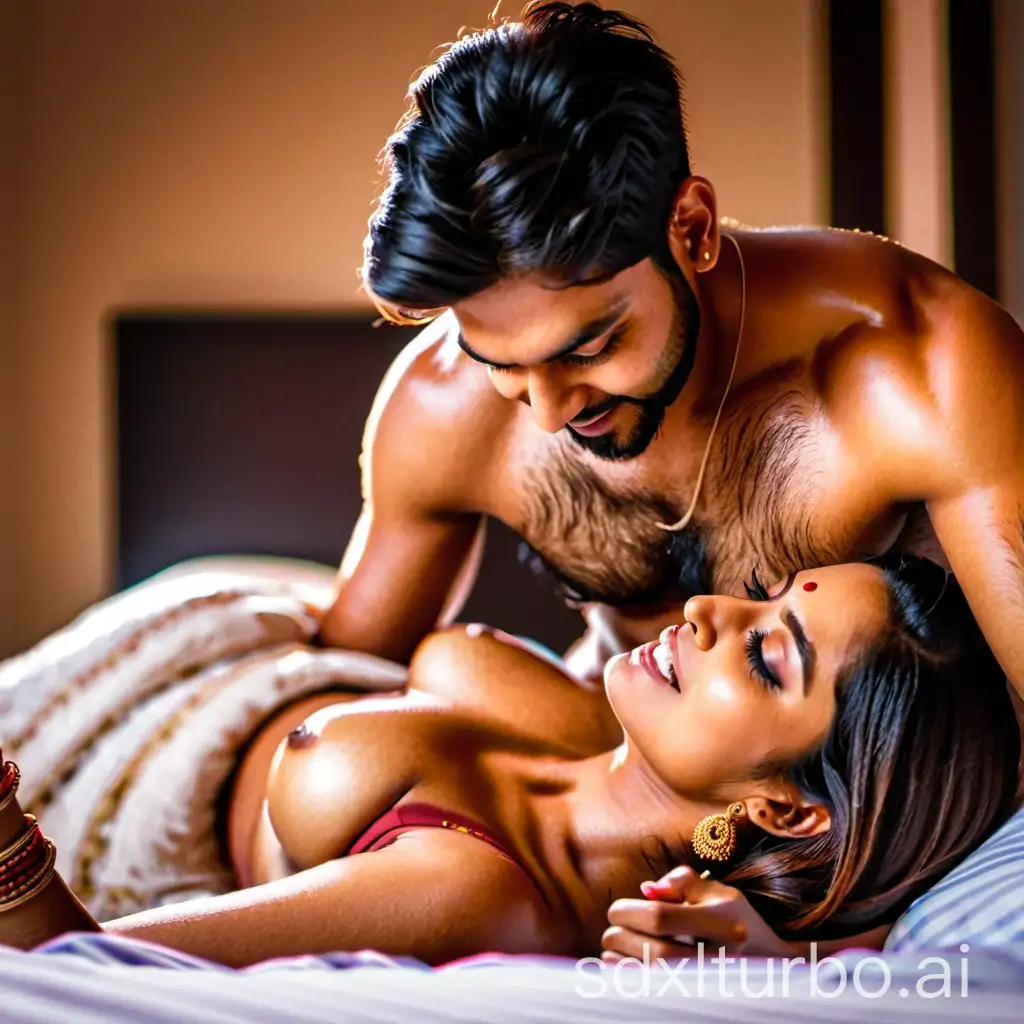 A newly married Indian Couple making love at night on bed.