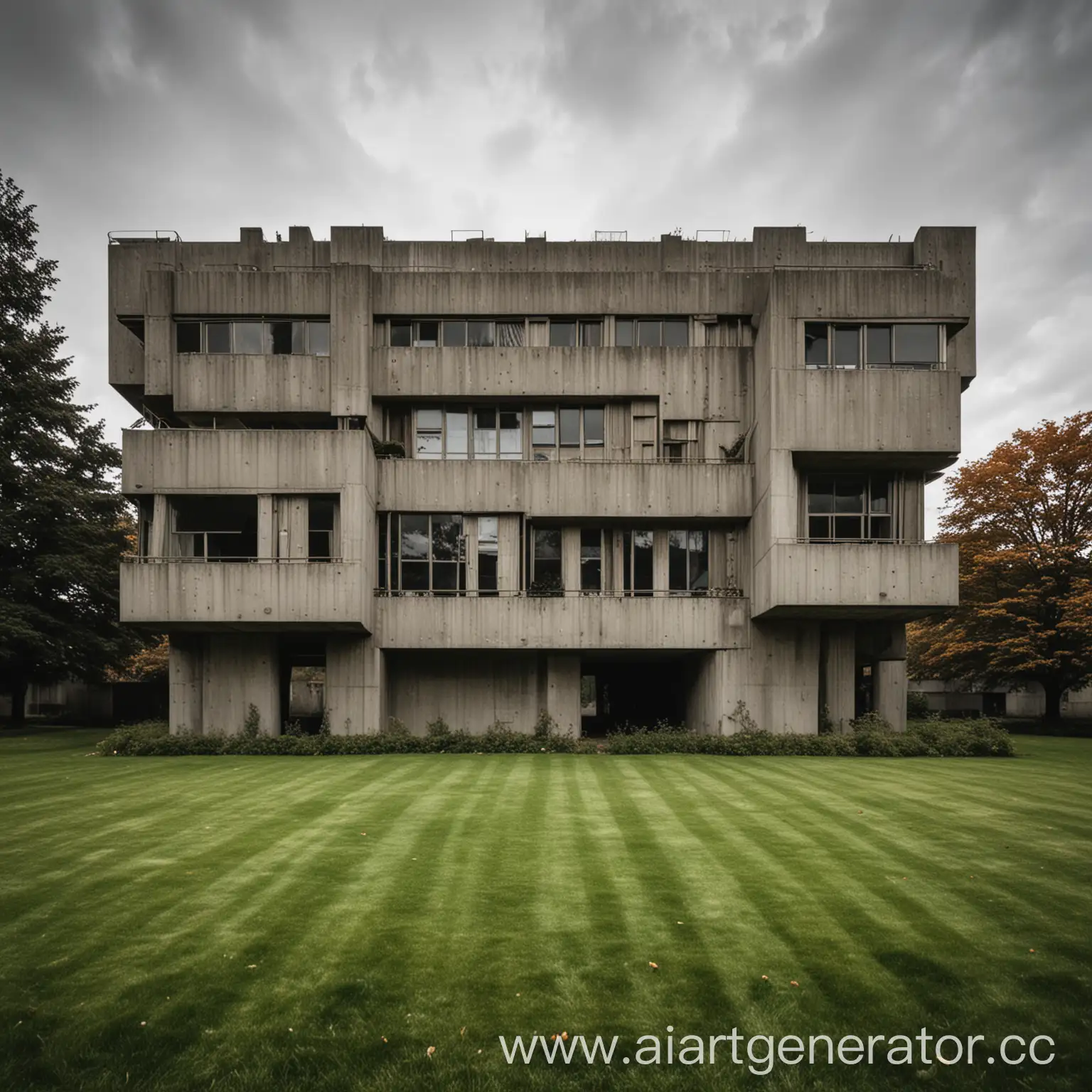 Brutalist-Style-Building-on-Green-Lawn