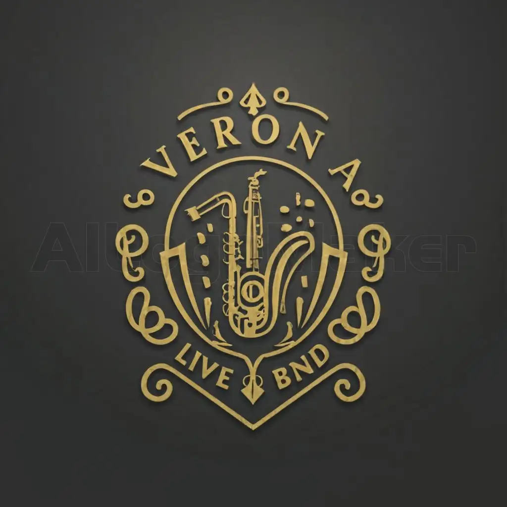 a logo design,with the text "Verona Live Band", main symbol:Finicks and music instruments,Moderate,clear background
