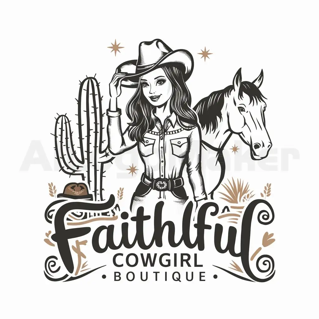 a logo design,with the text "Faithful Cowgirl Boutique", main symbol:cowgirl, cactus, cowboy hat, horse,Moderate,clear background