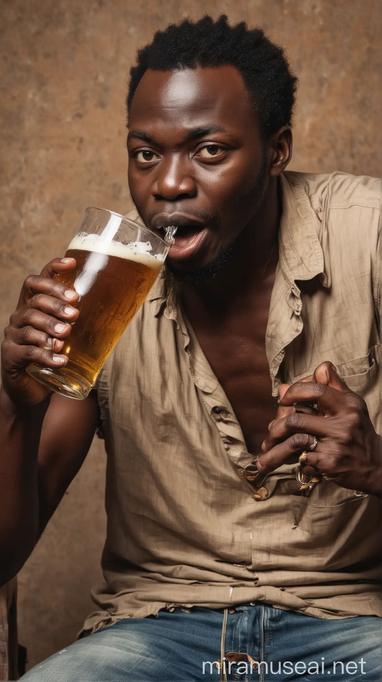 A wicked African man drinking beer