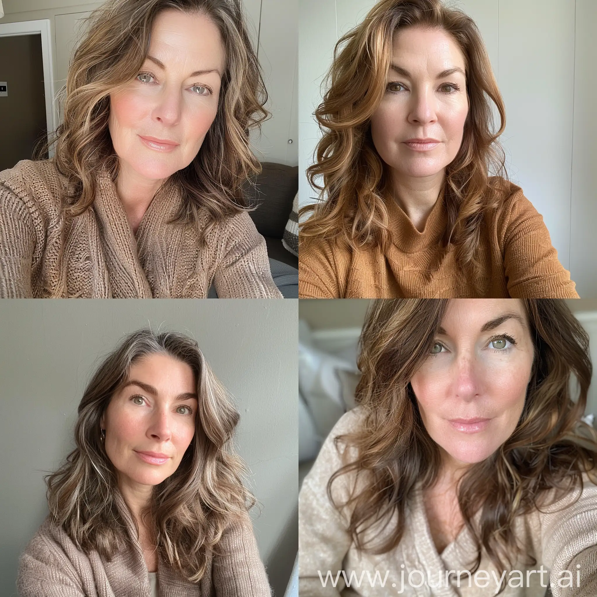 Aesthetic instagram selfie of a Middle School teacher, super model face, woman, mid 40's, soft brown clothing color tones--ar 9:16