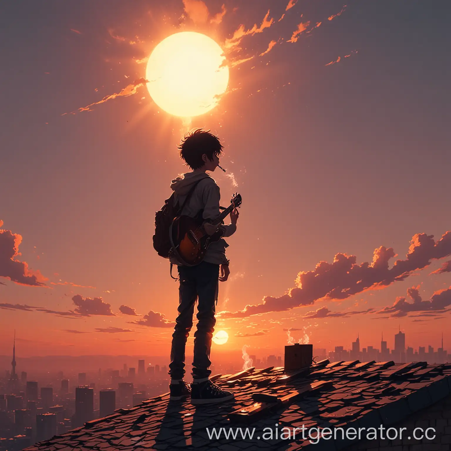 Rebellious-Youth-Breaks-Guitar-on-Rooftop-at-Sunset-Anime-Pixel-Art