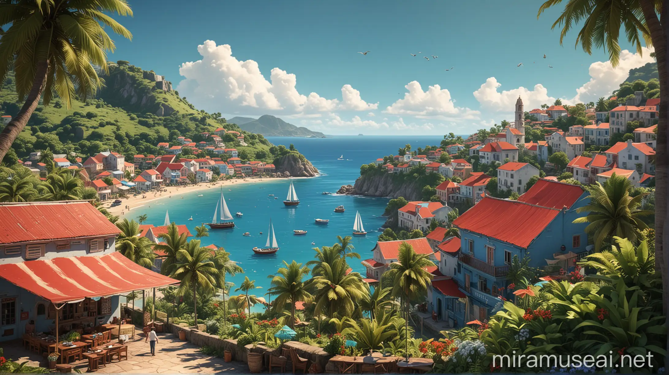 Create a vibrant and immersive video game illustration inspired by a picturesque coastal town in Guadeloupe. The scene captures the town nestled between lush green hills and a sparkling blue bay dotted with sailboats. The town's red-roofed houses, narrow winding streets, and central church tower evoke a sense of charm and history. Include lively market stalls with colorful canopies, locals interacting warmly, and elements of tropical flora. The background should feature the expansive sea with distant islands and a clear blue sky. Emphasize the natural beauty, cultural richness, and inviting atmosphere, making it feel like a perfect adventure setting for a video game. --v 5 --ar 16:9 --q 2 --style video game