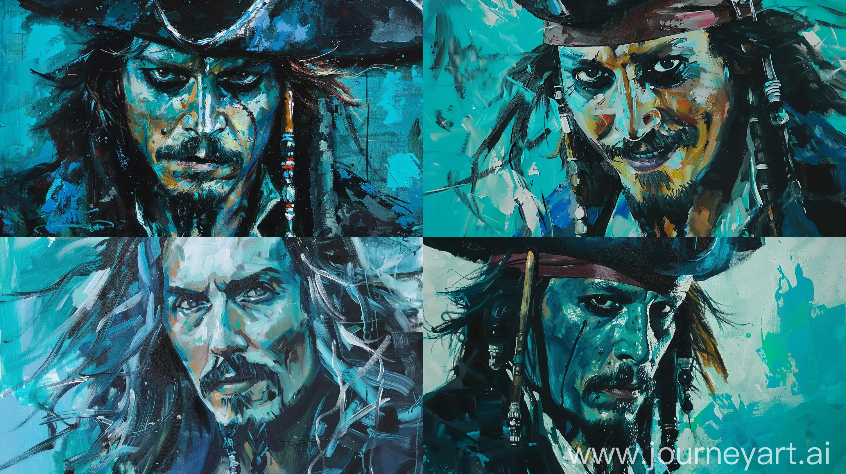 oil painting of captain jack sparrow in star wars style with a color palette of bright blues, cyan, teal, blue grey, blacks, white, and a soft greenish-blue. There are also touches of bright skin tone --ar 16:9 --c 5