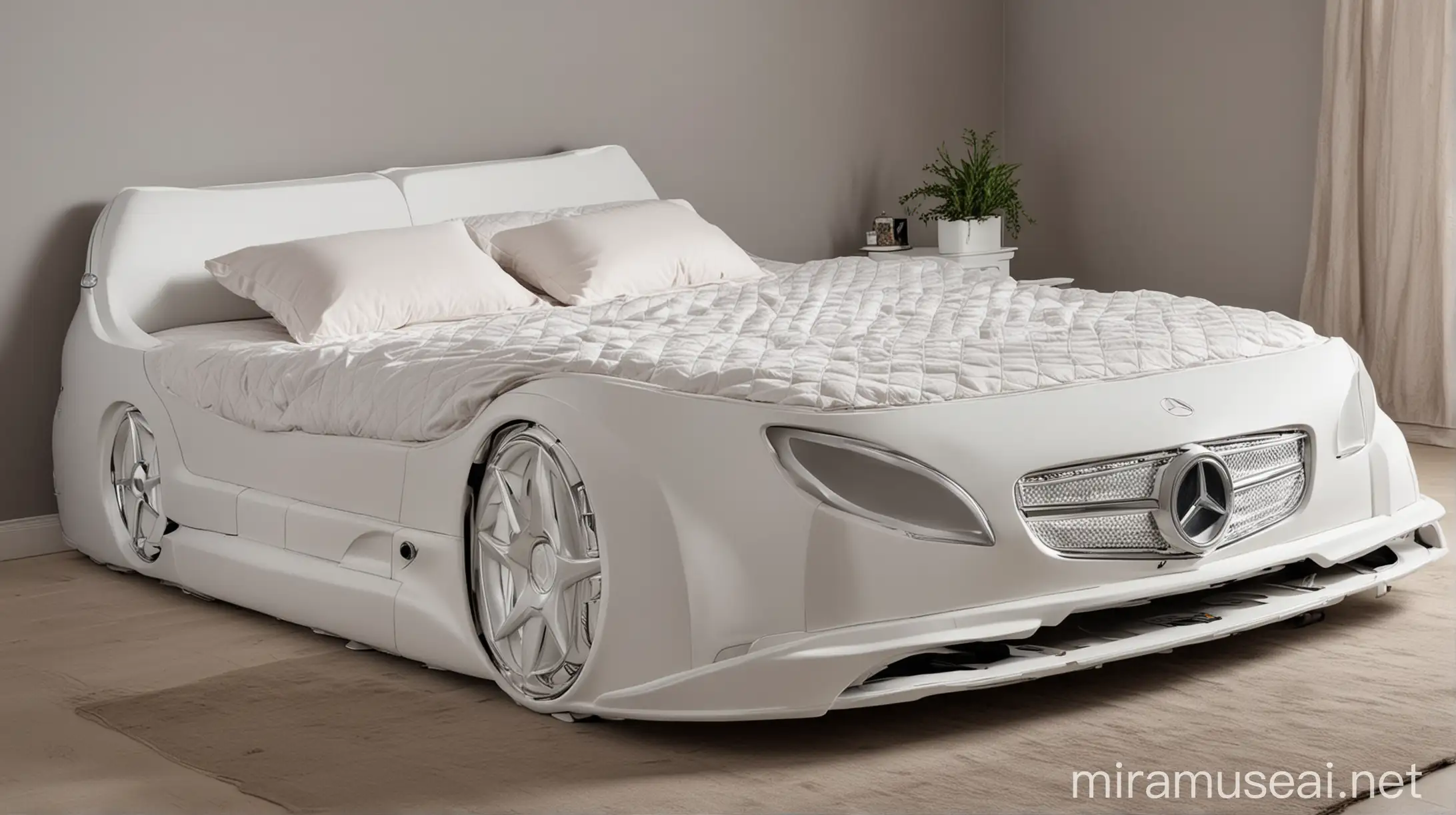Double bed in the shape of a Mercedes car. 