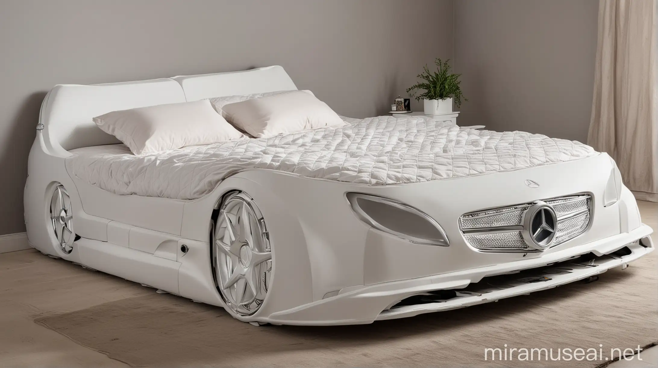 Double bed in the shape of a Mercedes car.