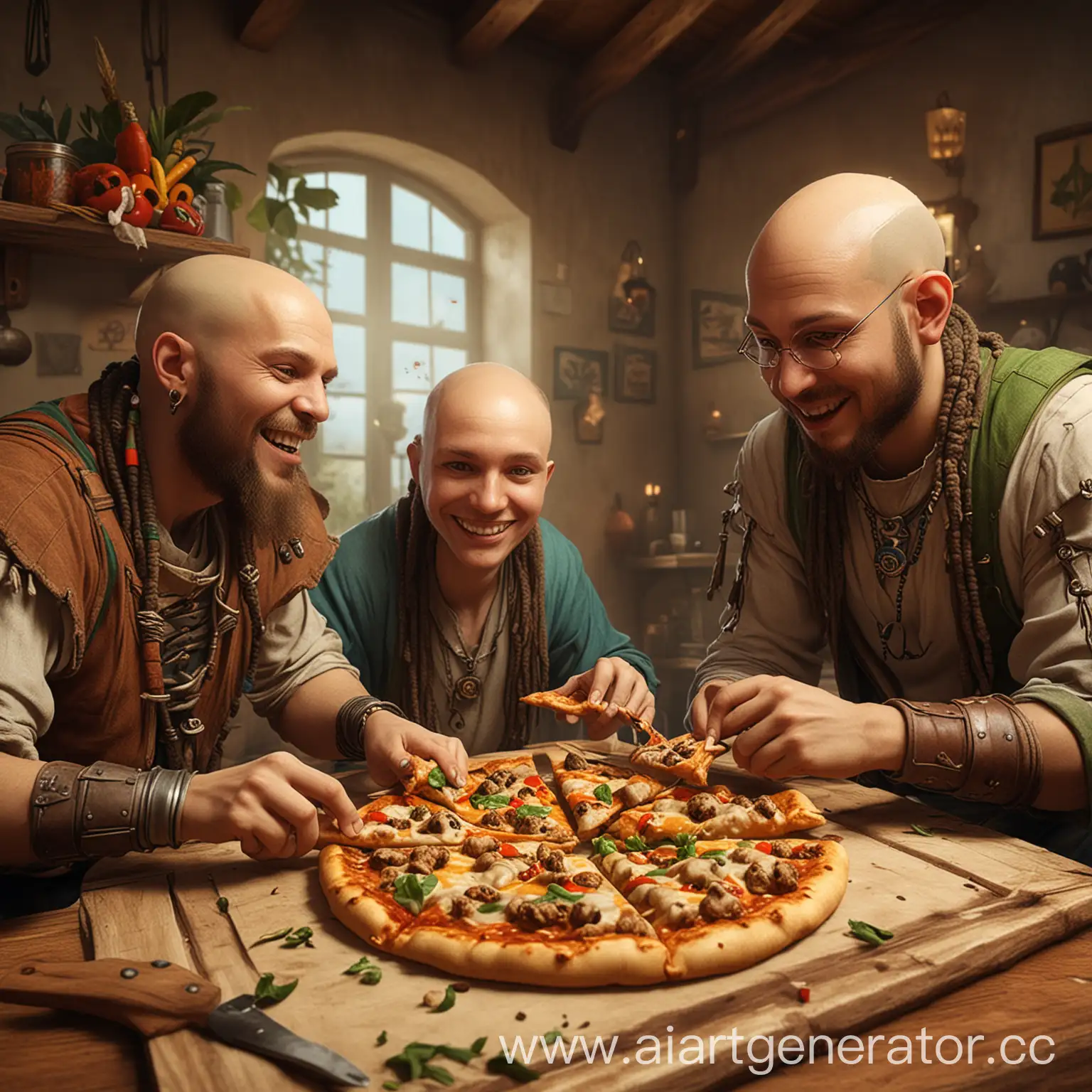 три человека - скуф, программист и лысый спортсмен играют в гостях у растамана в игру trine и веселятся едят пиццу