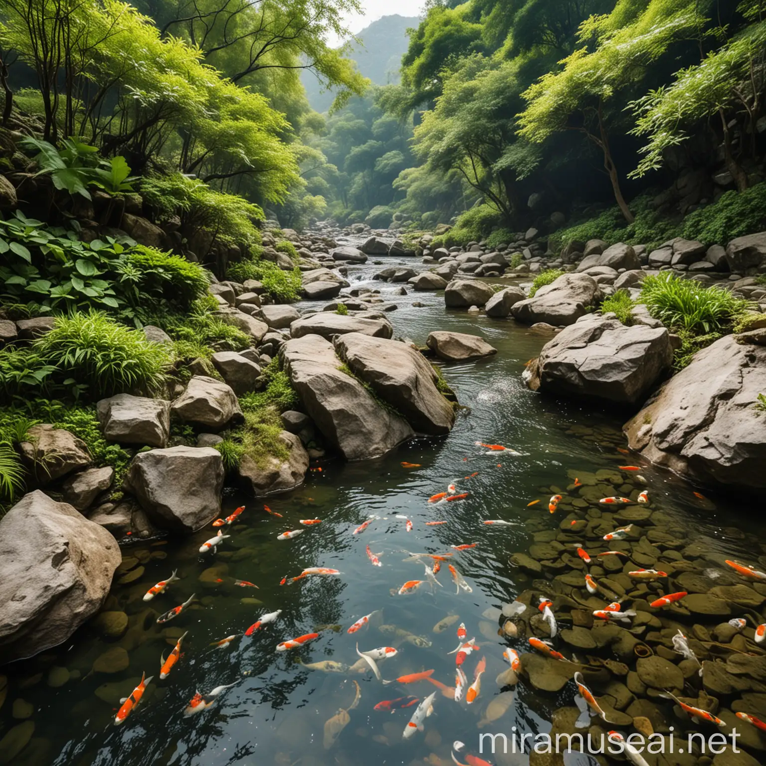 beautiful view of the green valley, in the front there is a black rock near a river flowing with clear water full of KOI fish
