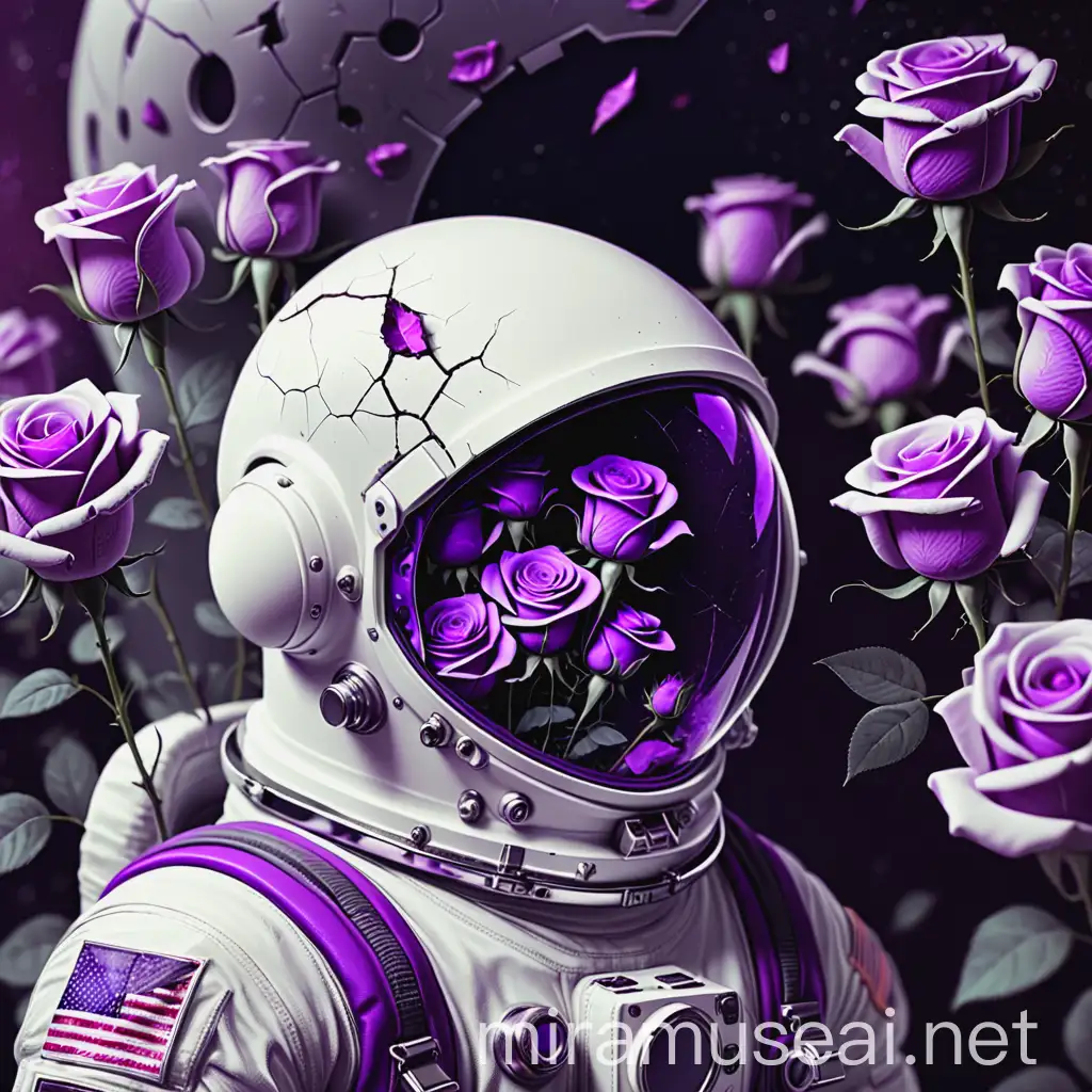 Astronaut with Cracked Helmet Filled with Purple Roses Digital Art with Depth of Field and Bloom