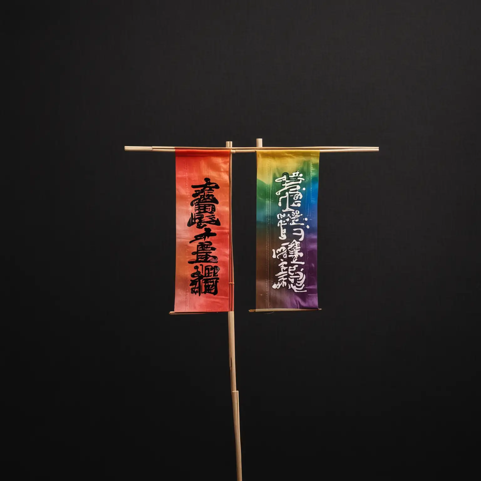 Rainbow Japanese banner on a stick, Chinese writing, black background