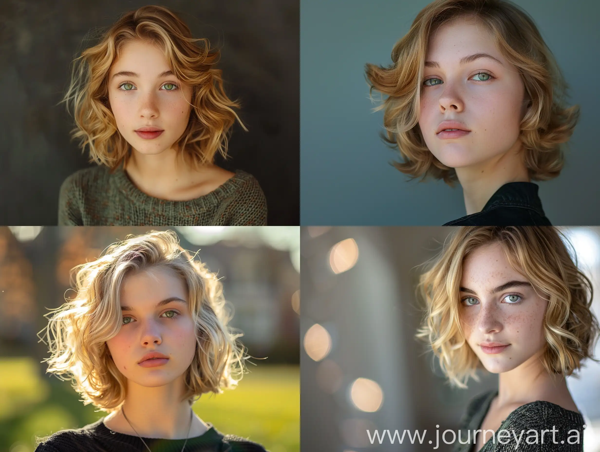 Photo: Portrait of super model High School student, picture day, typical teenage girl clothing, short hair, wavy hair, blonde, light green eyes