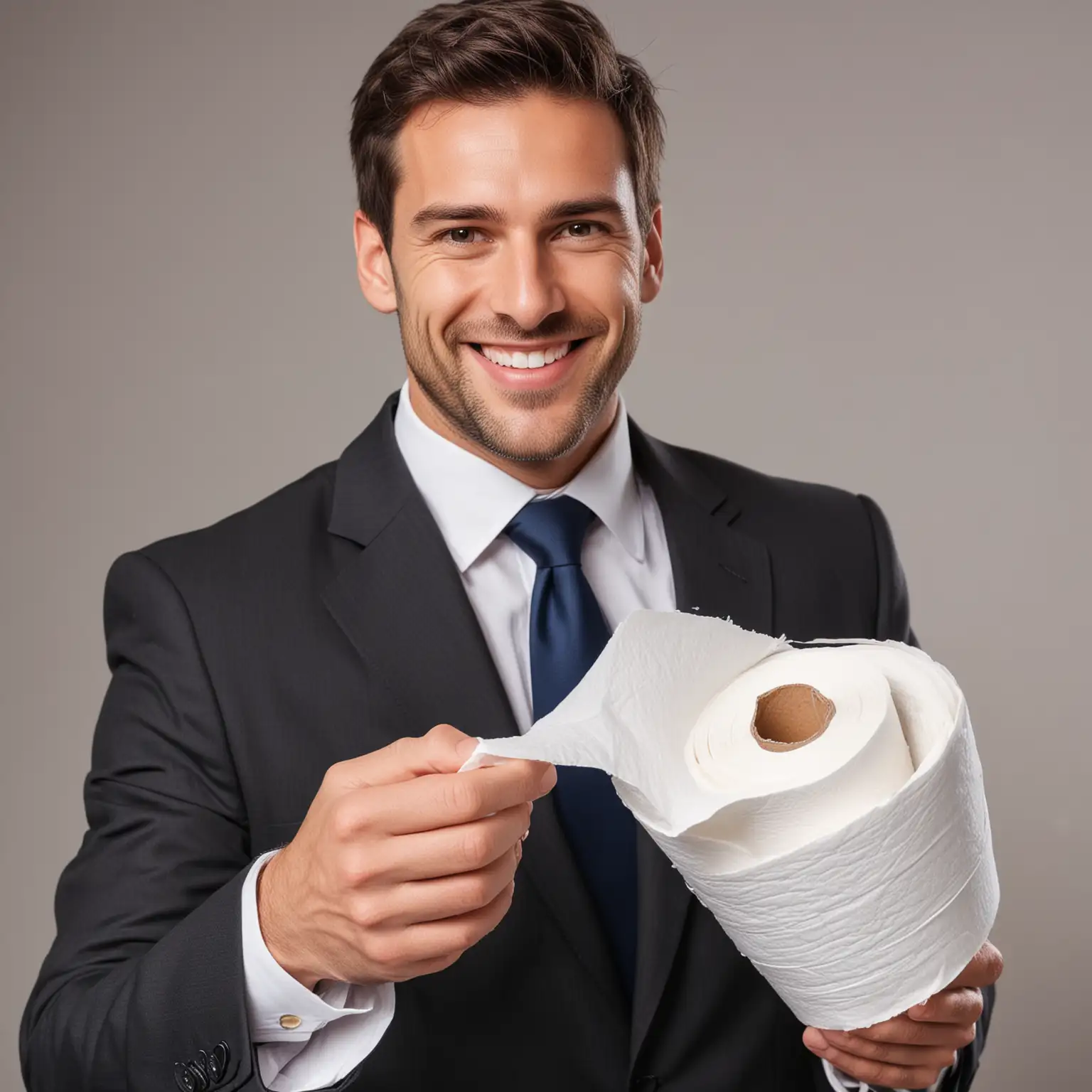 close up  of a smiling man in a business suit holding a roll of toilet paper looking at us