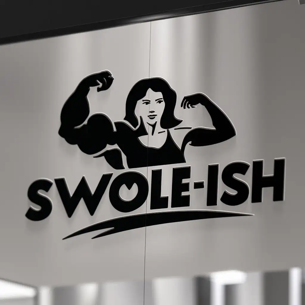 a logo design,with the text "Swole-ish", main symbol:a woman with one muscle arm and one regular arm,Moderate,clear background