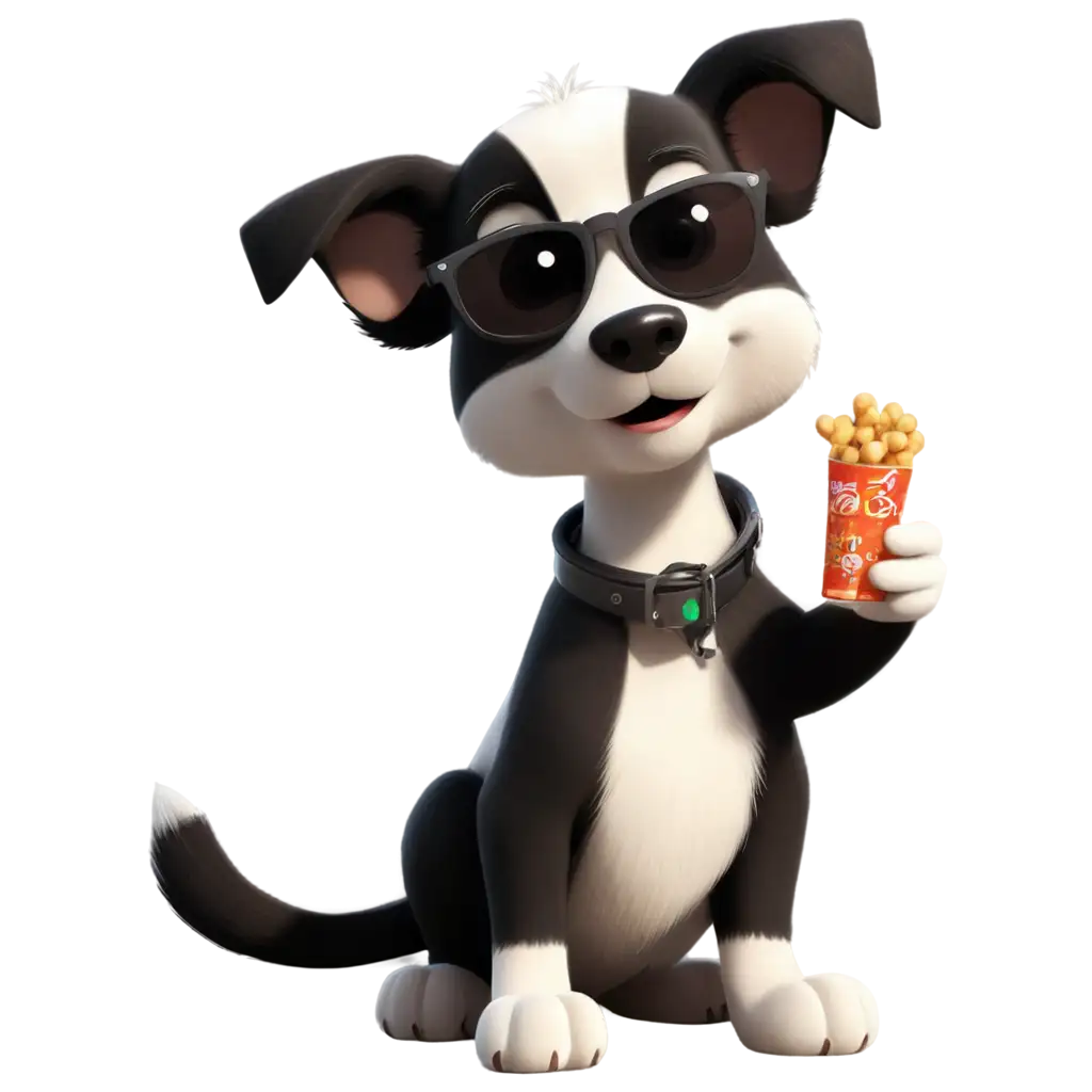 animated cartoon furry black and white puppy wearing sunglasses enjoys eating peanuts