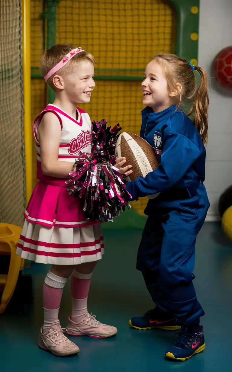 (Gender role-reversal), color photograph of a fair-skinned brother and sister, an adorable boy with short blond hair age 8, and an adorable girl with long hair in a ponytail age 9, on vacation at a sports museum, the girl is laughing because the boy is trying on a pink and white cheerleading dress with a headband and plastic shoes for fun, while the girl is trying on a blue rugby suit, the boy is holding pompoms, the girl is holding a rugby ball, they are in the museum toy and costume room, cute smiles, adorable, perfect faces, clear faces, perfect eyes, perfect noses, smooth skin